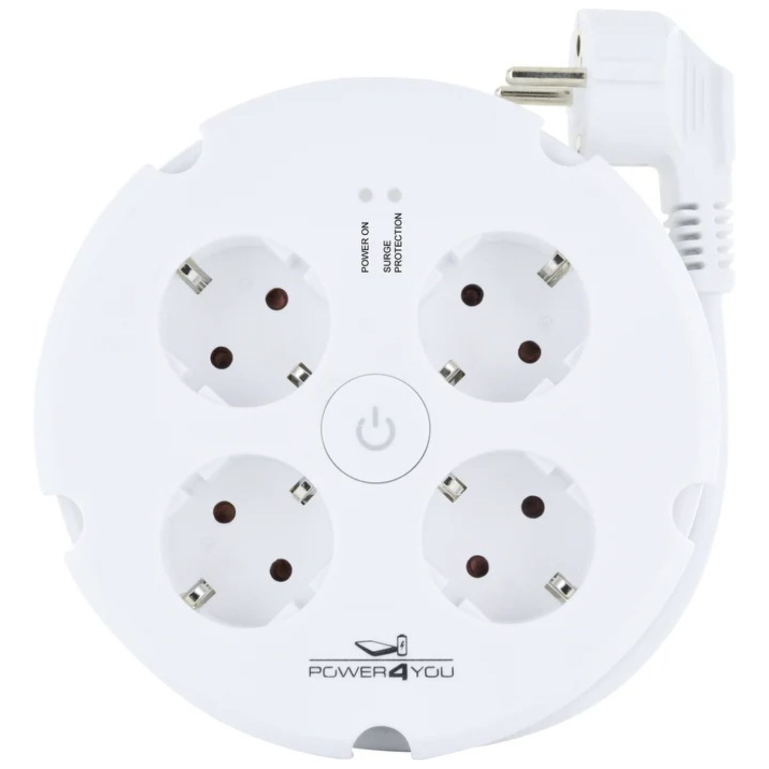 Weiße Steckdosenleiste mit vier Steckplätzen und einem abgewinkelten Stecker.