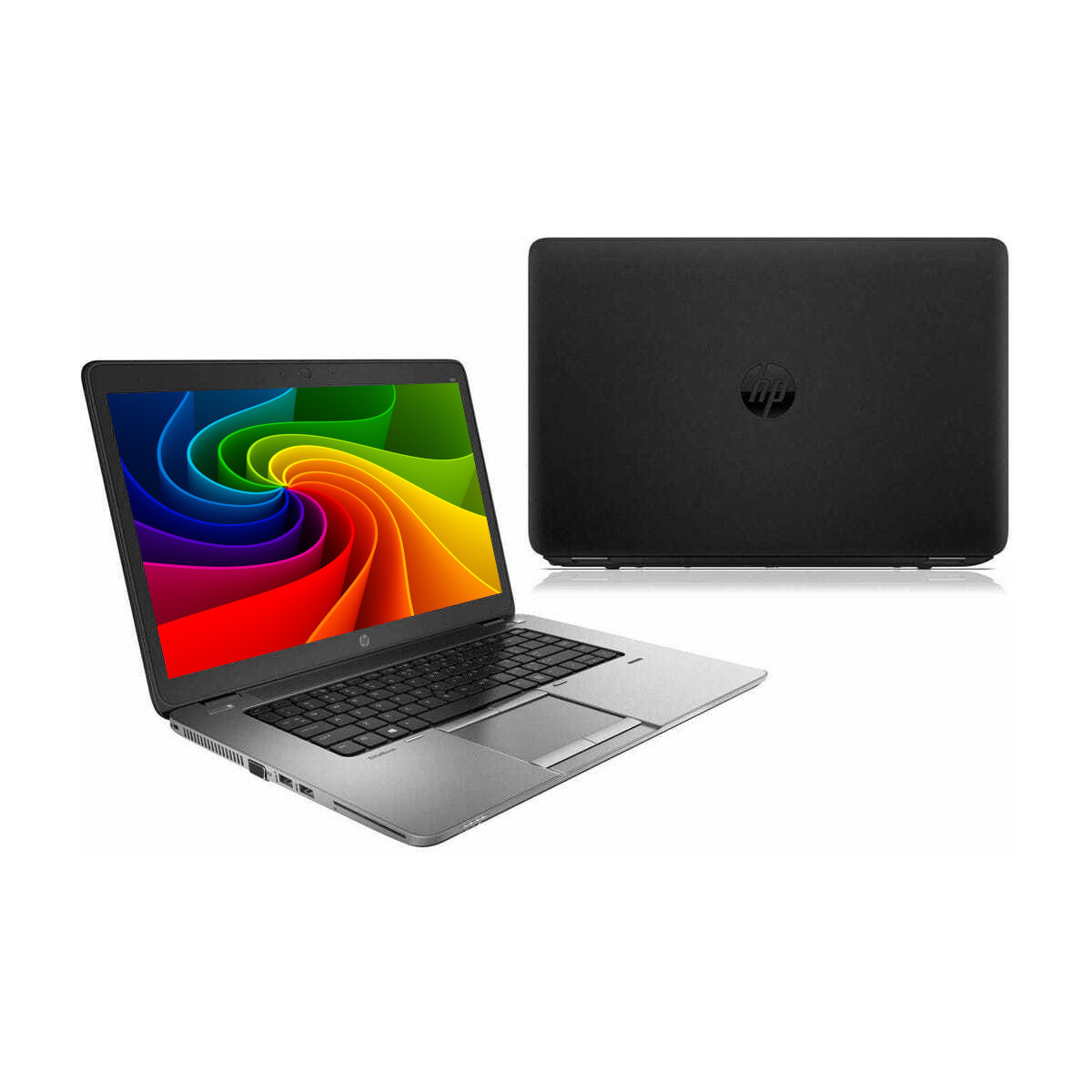 Ein geöffneter schwarzer HP Laptop mit buntem Hintergrund. Hinten ist die Oberseite.