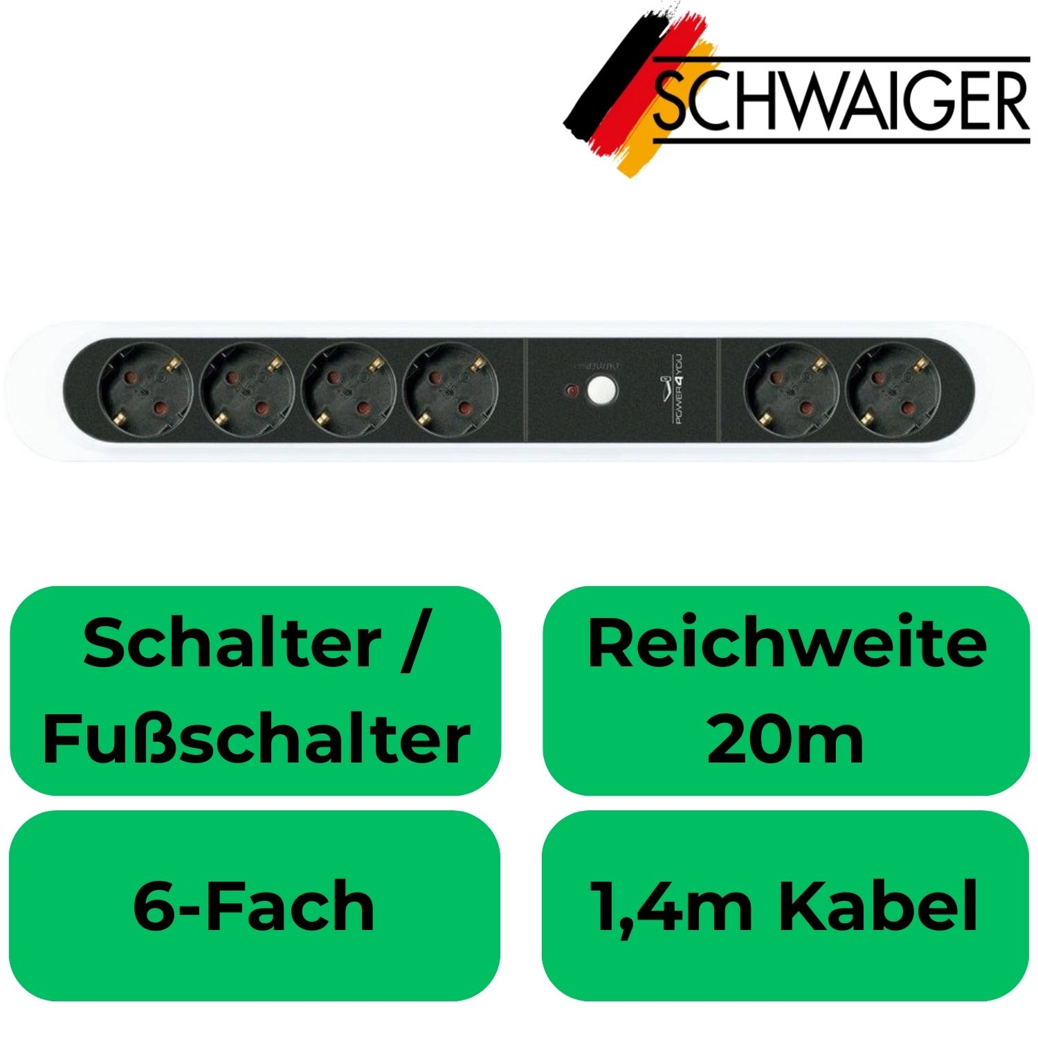 SCHWAIGER Steckdosenleiste, 6-fach, mit Schalter/Fußschalter, 20m Reichweite, 1,4m Kabel.