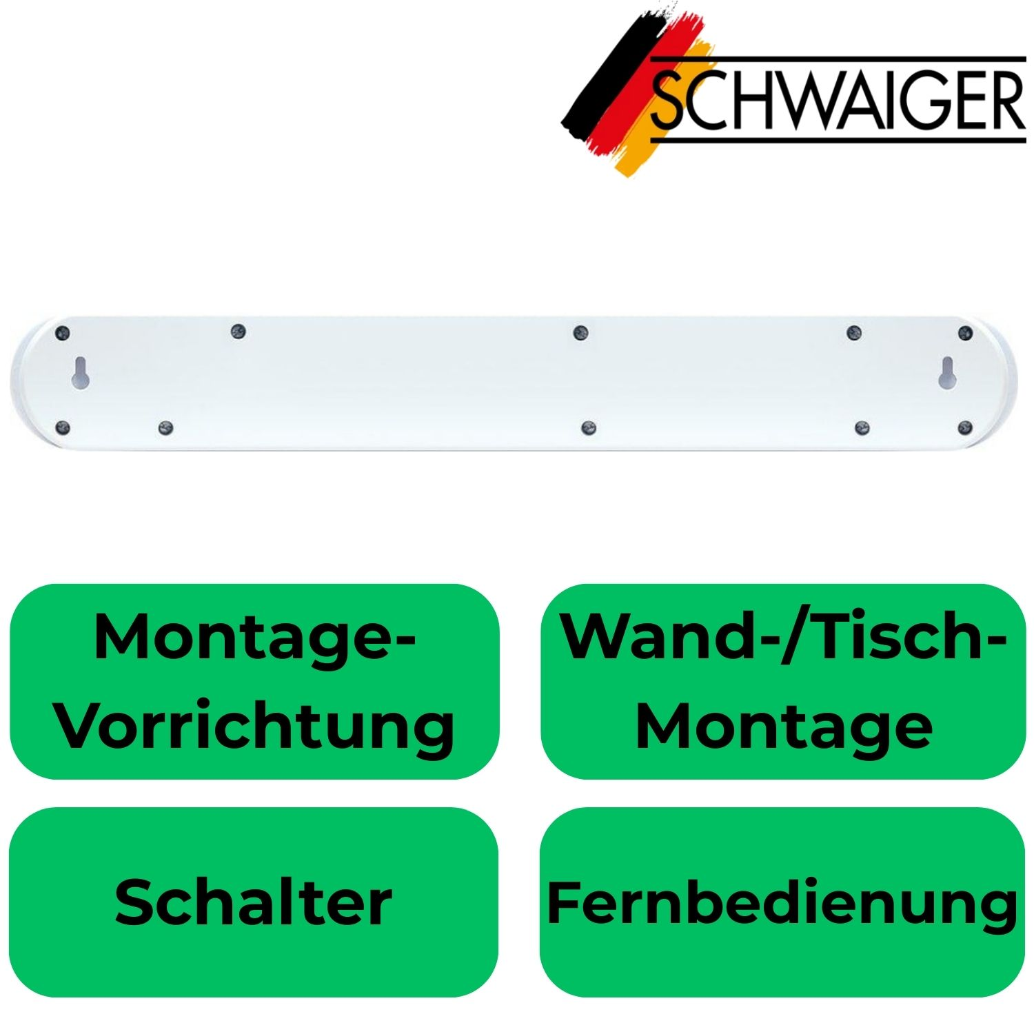 Weiße Montagevorrichtung mit vier grünen Beschriftungsfeldern: Schalter, Fernbedienung, Wand-/Tisch-Montage.