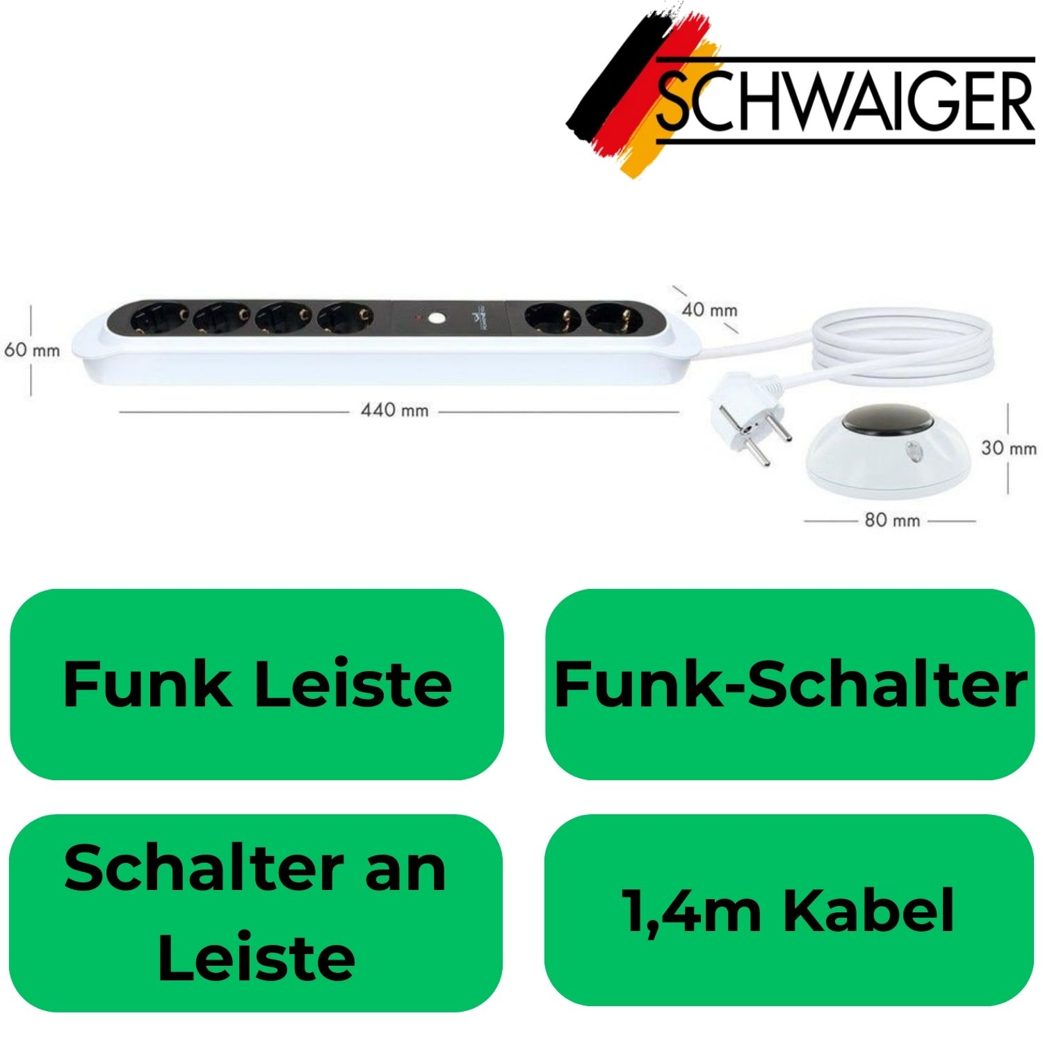 Weißer Schuko-Stecker, Funk-Schalter, Mehrfachsteckdose mit 4 Steckplätzen.