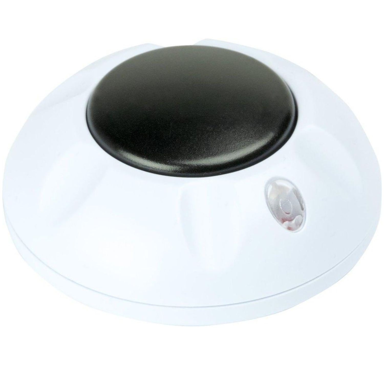 Ein weißer, runder Knopf mit schwarzer Oberseite und einer kleinen LED-Leuchte.