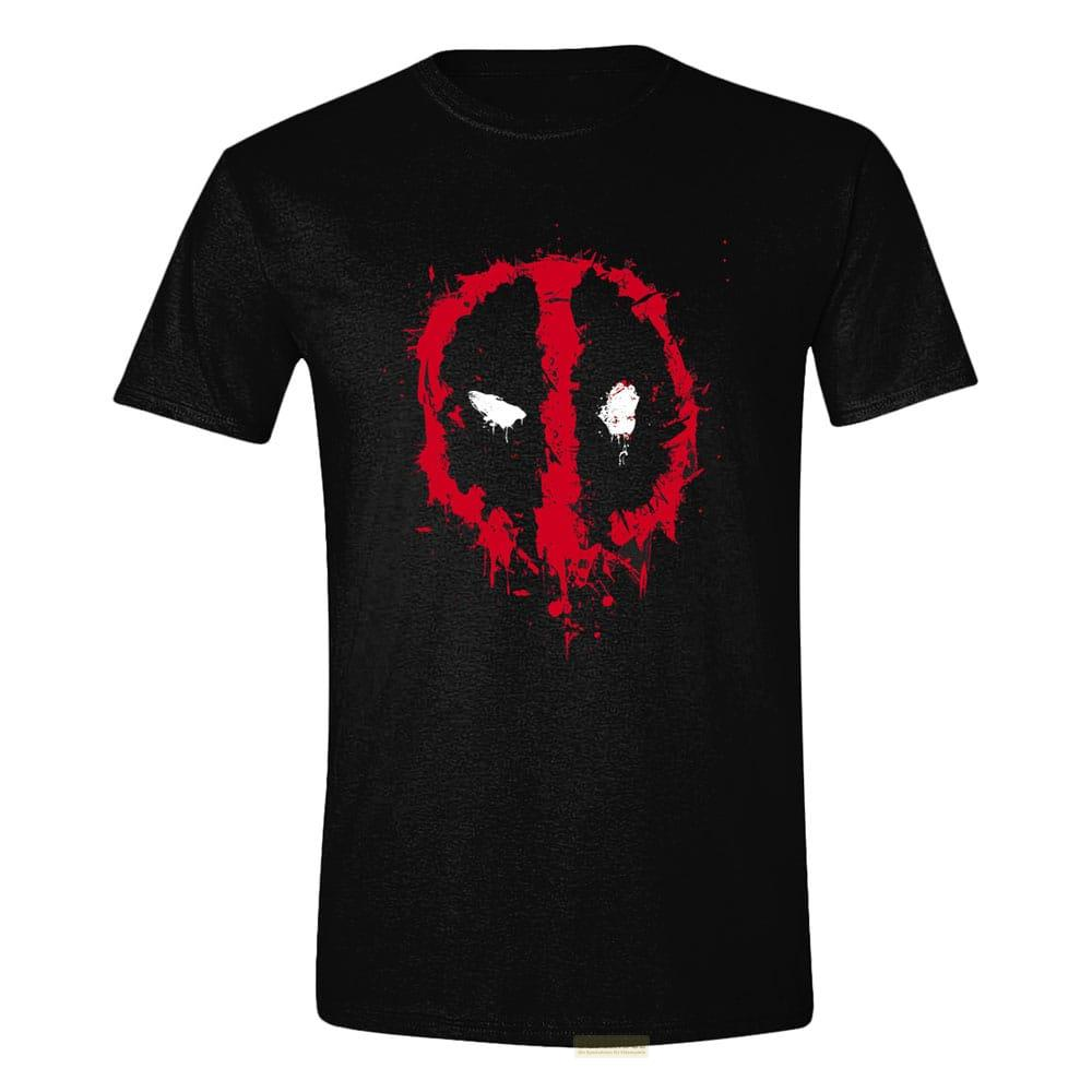Schwarzes T-Shirt mit rotem Deadpool-Logo, weiße Augen.