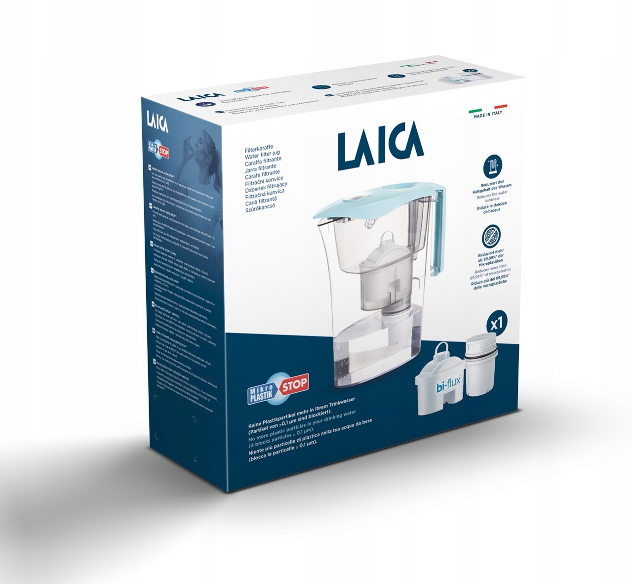 Dzbanek filtrujący LAICA z dwoma filtrami, Made in Italy, redukuje kamień i mikroplastik.