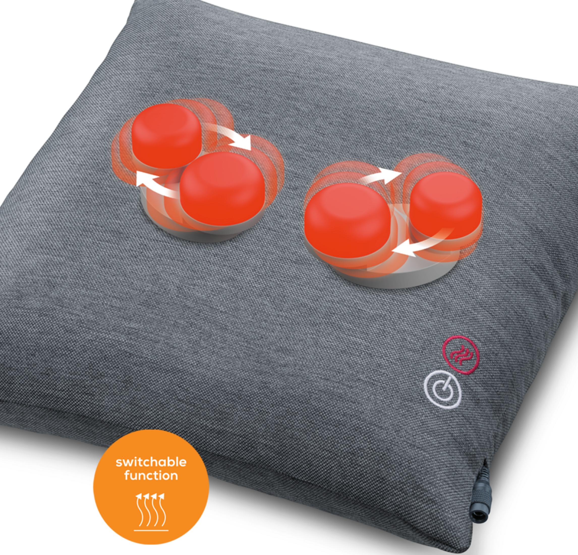 Graues Kissen mit zwei roten Massageköpfen und Pfeilen.
