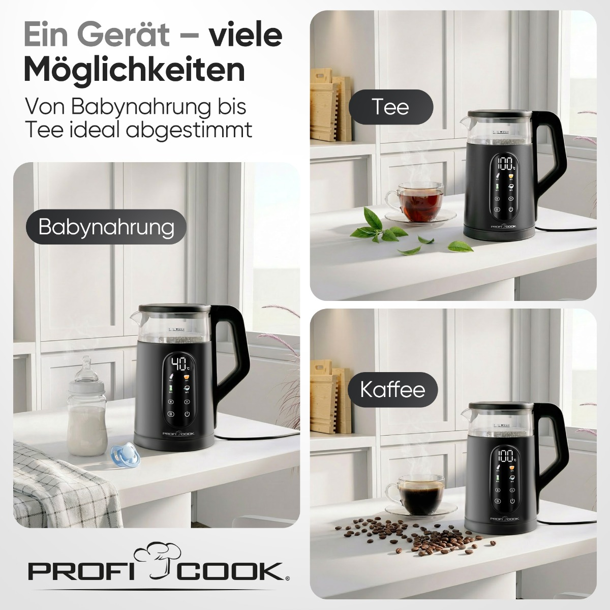 Ein Gerät für Babynahrung, Tee und Kaffee mit verschiedenen Einstellungen.