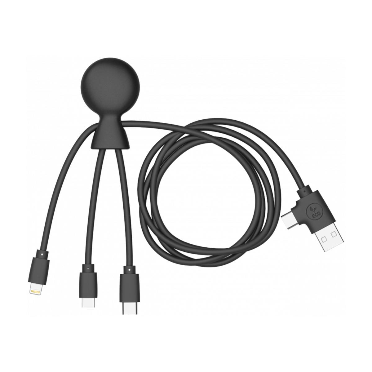 Un cavo di ricarica nero con tre connettori: Lightning, USB-C e USB-C.