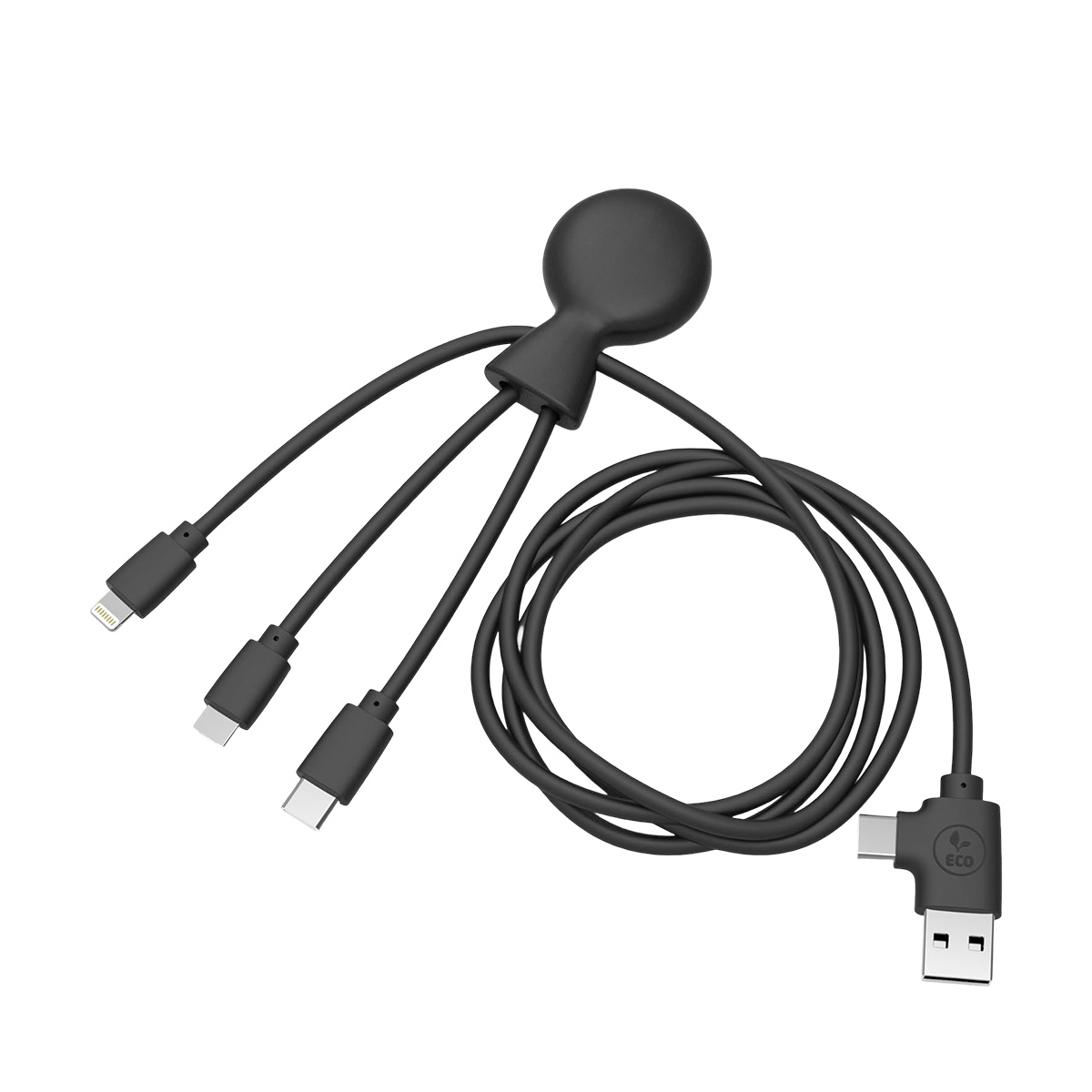 Cavo di ricarica nero multi-porta: connettori Lightning, USB-C e USB-A.