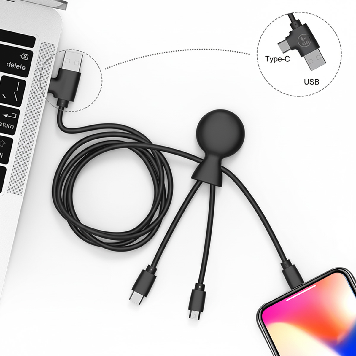 Un cavo di ricarica con connettori USB-A, USB-C e Micro-USB carica uno smartphone e si collega a un laptop.