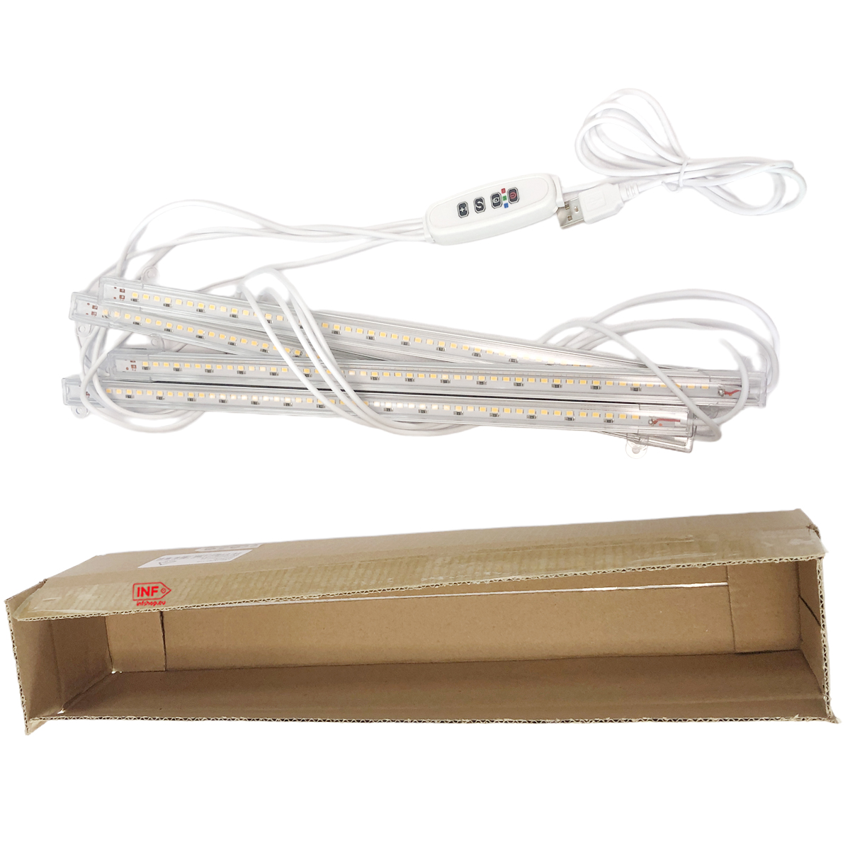 Vier witte LED plantengroeilampen met USB-controller en open kartonnen doos.