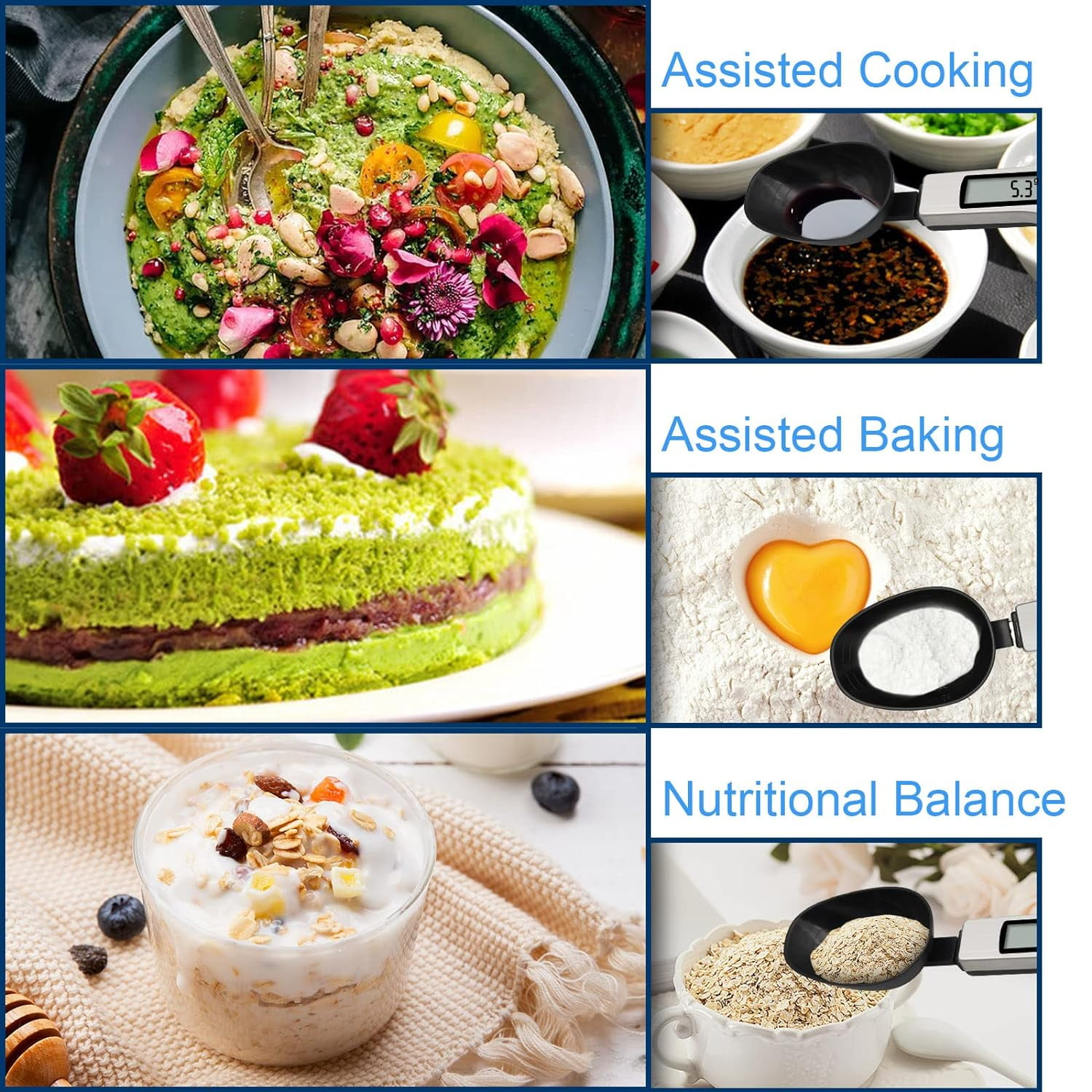 Collage mit Koch- und Backthemen: Hummus, Kuchen, Joghurt, Backzutaten und Waagen.