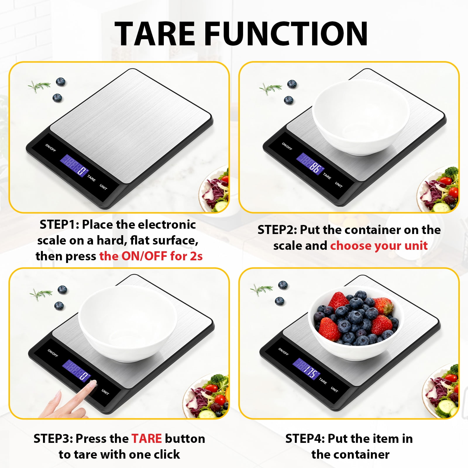 Anleitung für die Tara-Funktion einer Küchenwaage in 4 Schritten mit Obst und Salat.