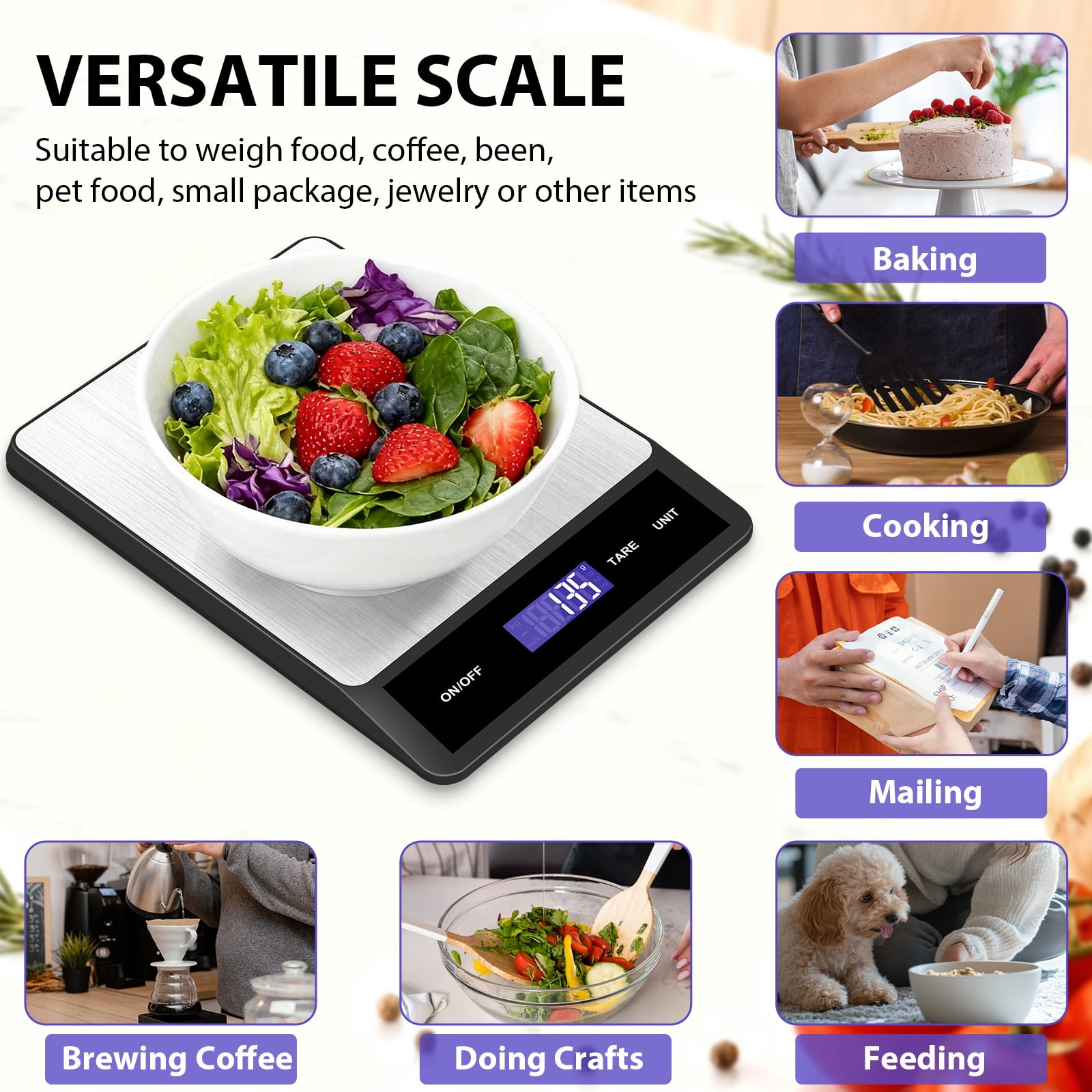 Eine digitale Waage mit einer Schale Obst und Gemüse, mit verschiedenen Anwendungsbeispielen.