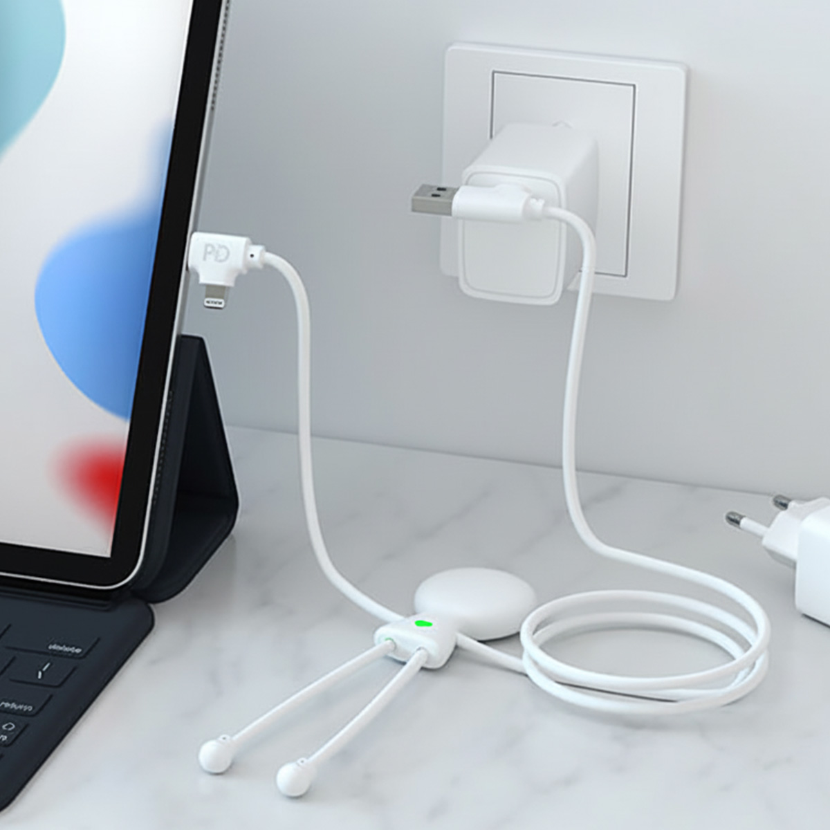 Un cavo di ricarica bianco collega un tablet a un alimentatore inserito in una presa a muro.