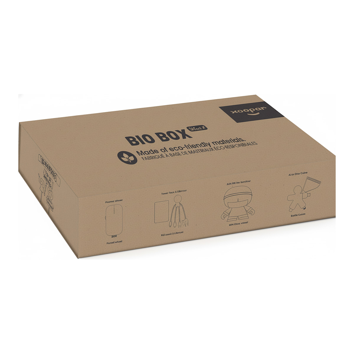 Scatola di cartone marrone con stampa "BIO BOX" e illustrazioni di giocattoli.