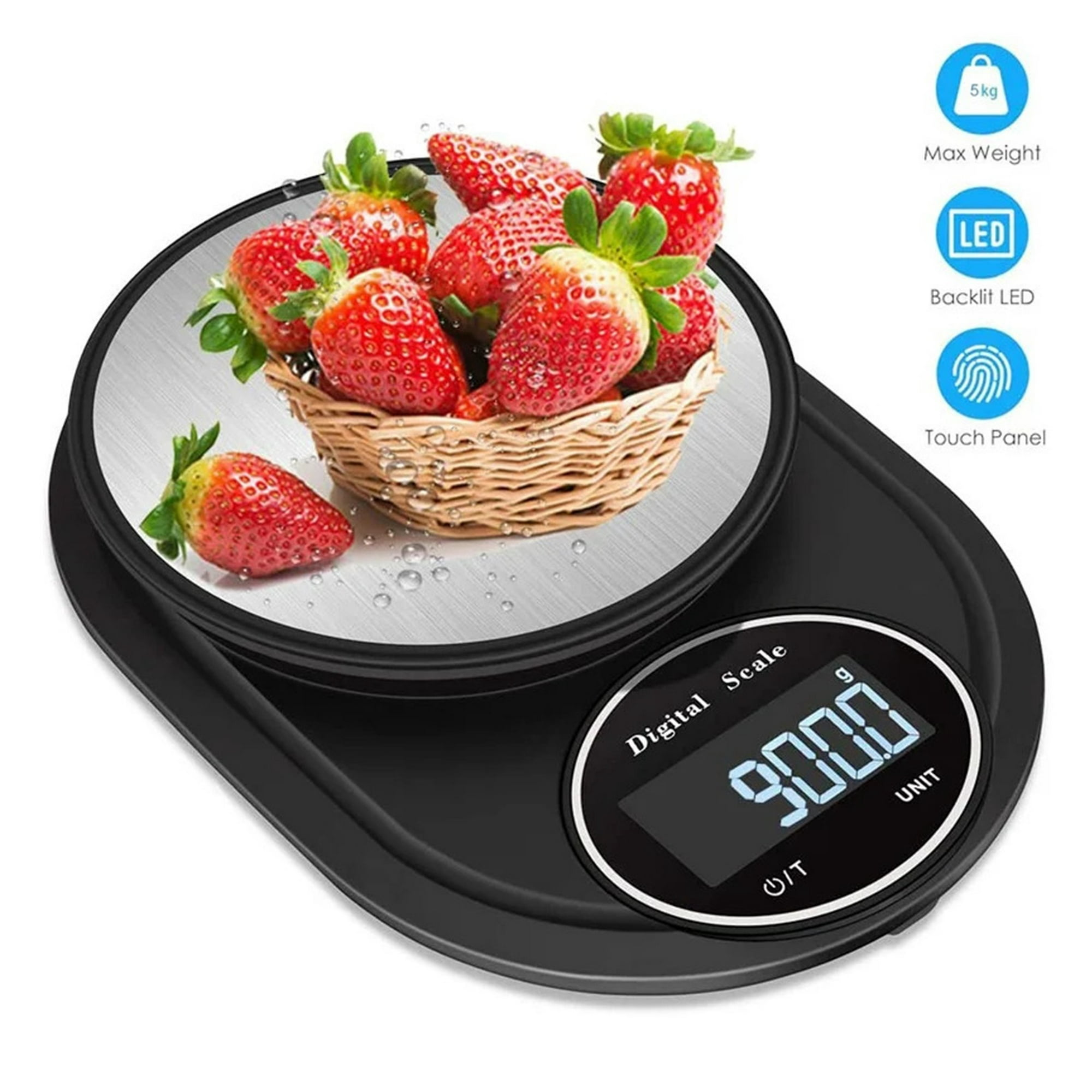 Eine digitale Küchenwaage mit einer Schüssel voller Erdbeeren und einer Anzeige von 9000g.