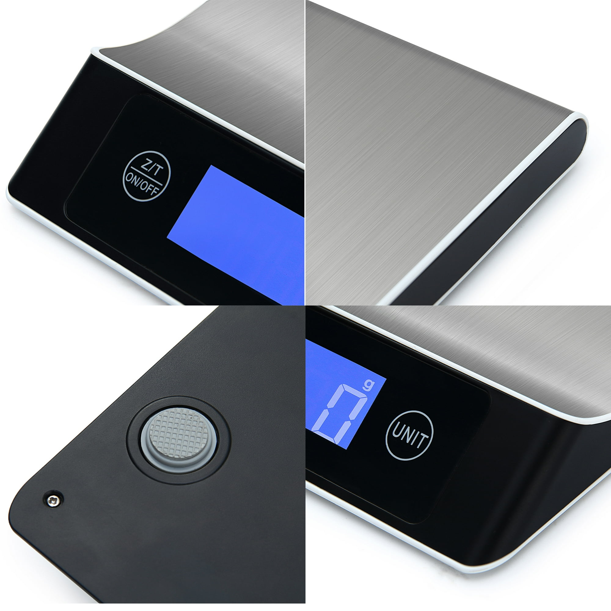 Digitale Küchenwaage mit Edelstahlfläche und blauem Display.