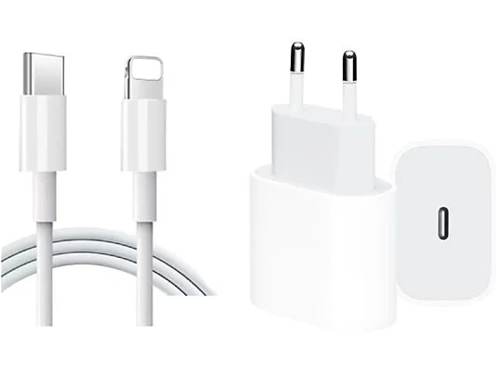 Ein weißes USB-C-zu-Lightning-Kabel und ein weißer Netzstecker.