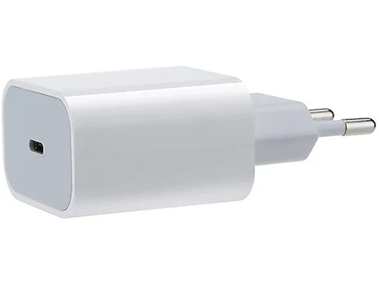 Ein weißer USB-C-Ladestecker mit zwei silbernen Stiften.