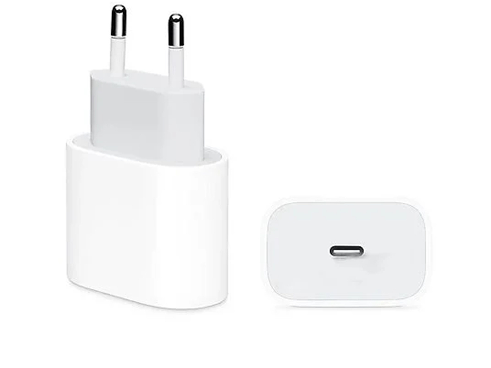 Ein weißer USB-C-Adapter mit zwei europäischen Steckern.