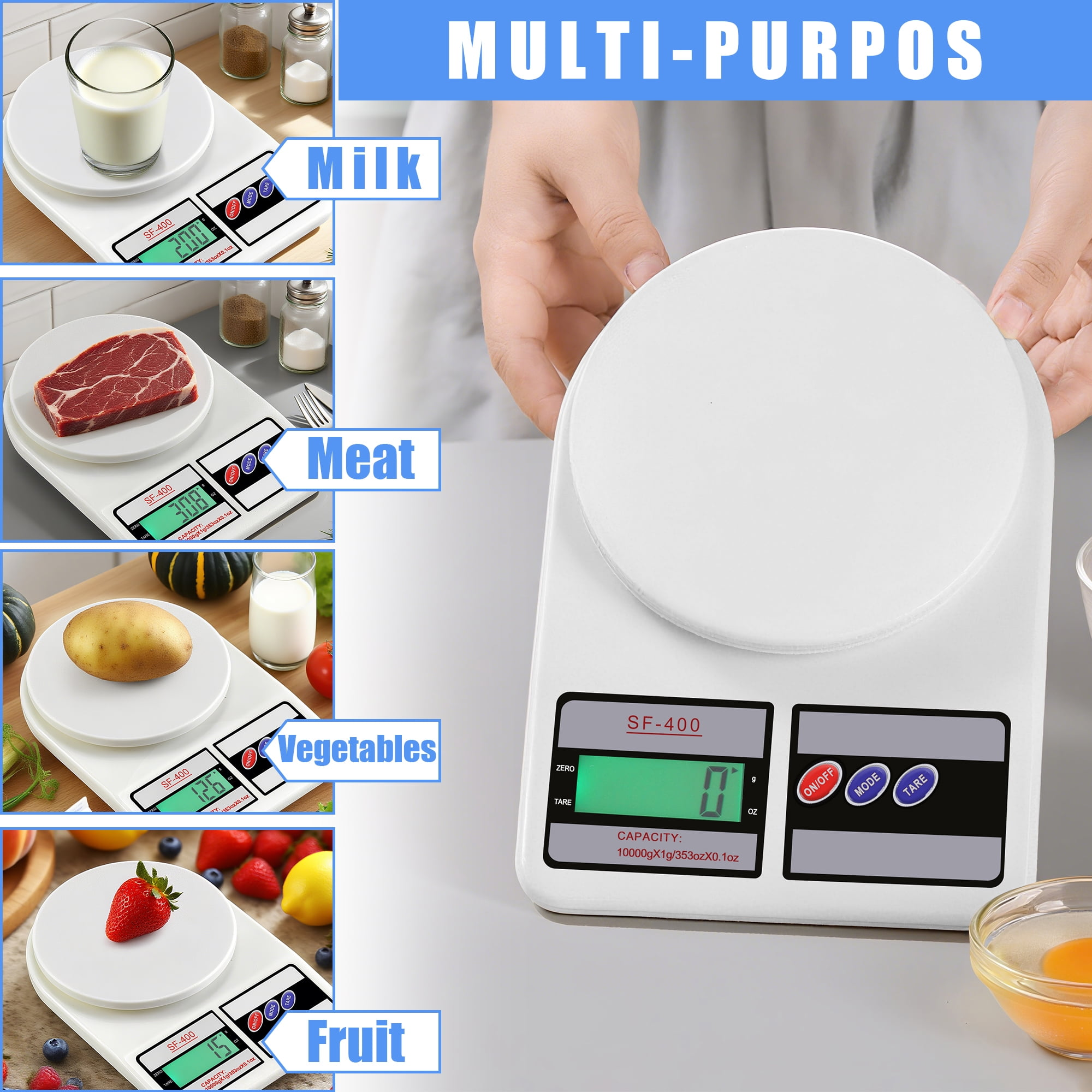 Digitale Küchenwaage mit verschiedenen Lebensmitteln: Milch, Fleisch, Gemüse, Obst.
