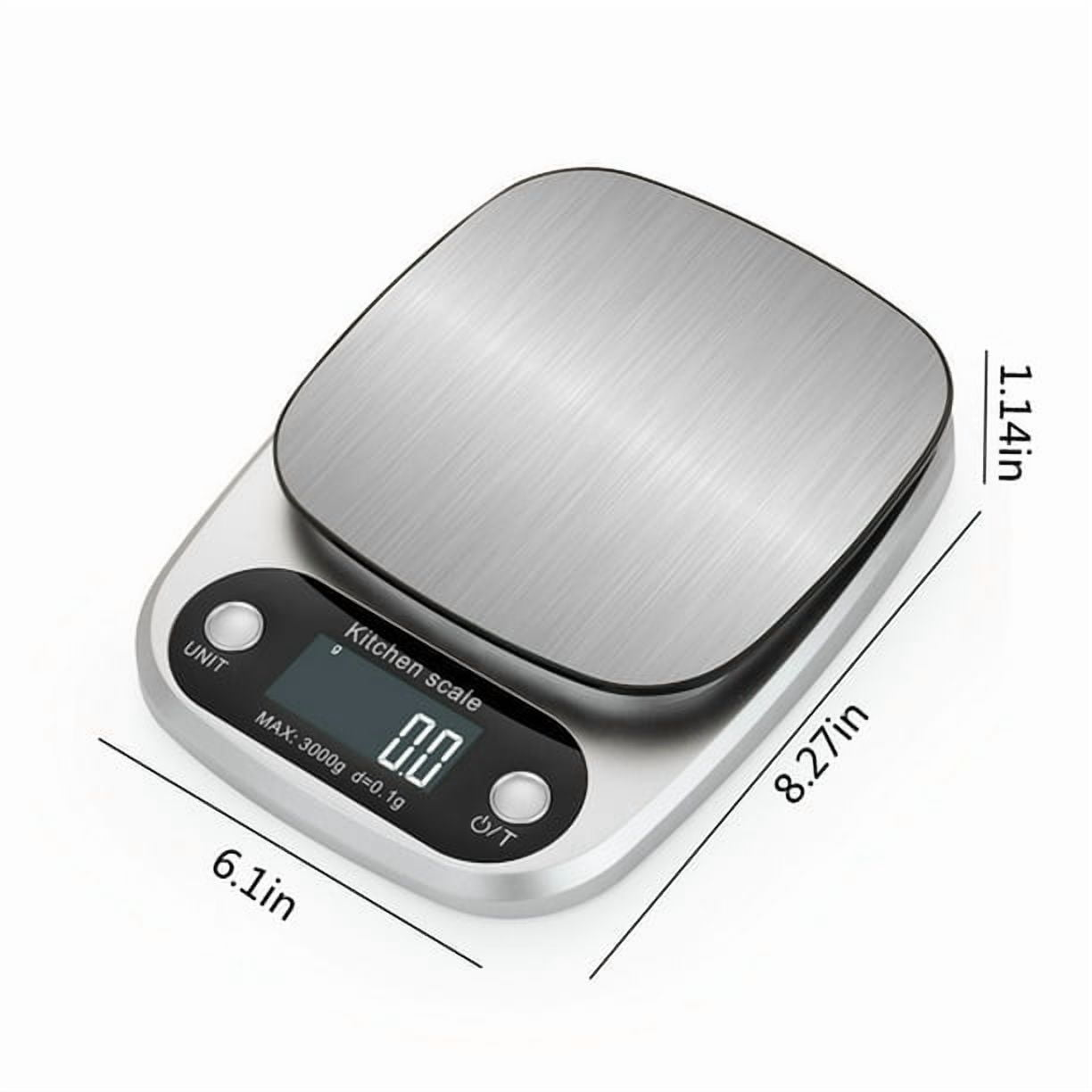 Eine digitale Küchenwaage aus Edelstahl mit schwarzem Display.