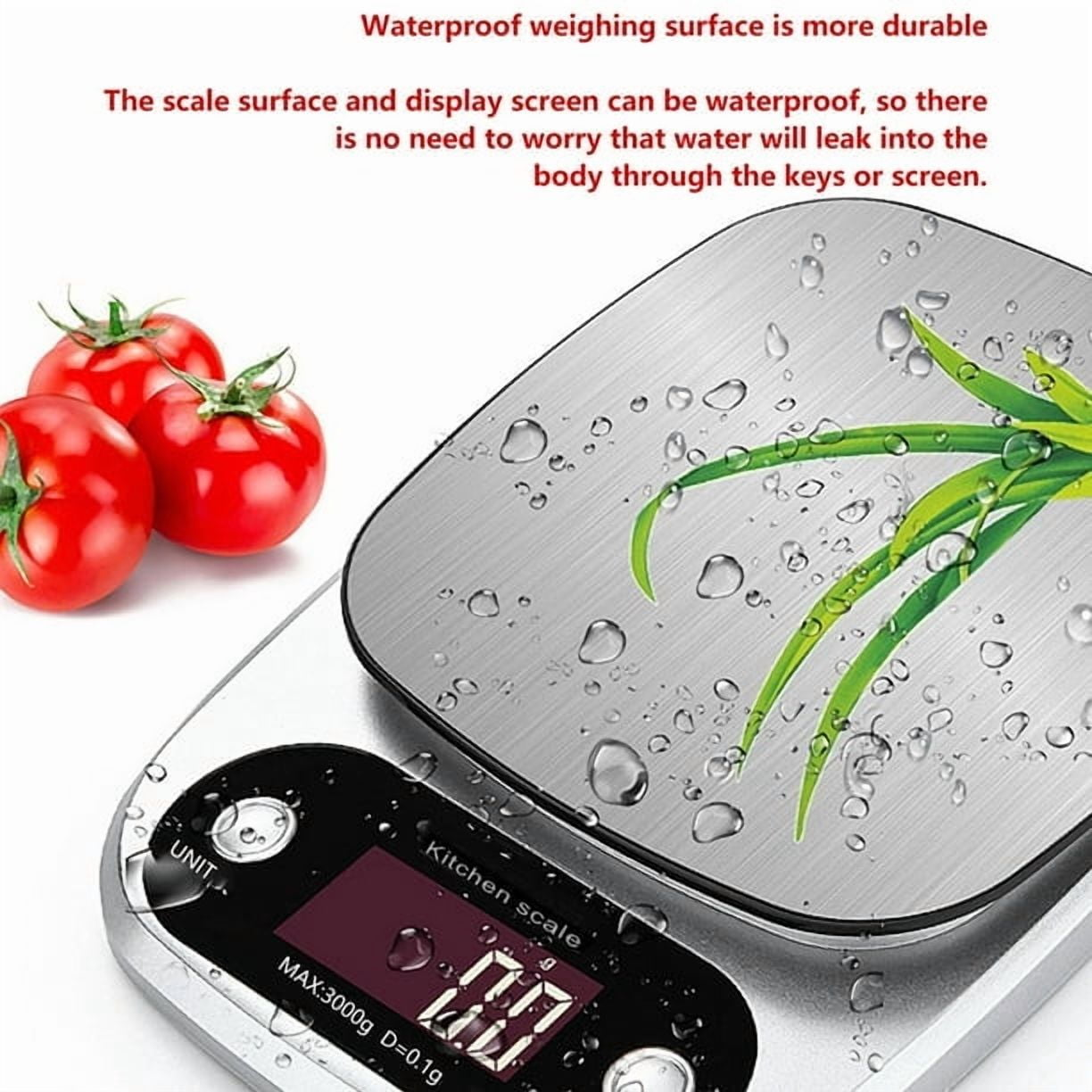 Wasserdichte Küchenwaage mit drei Tomaten und Gräsern.
