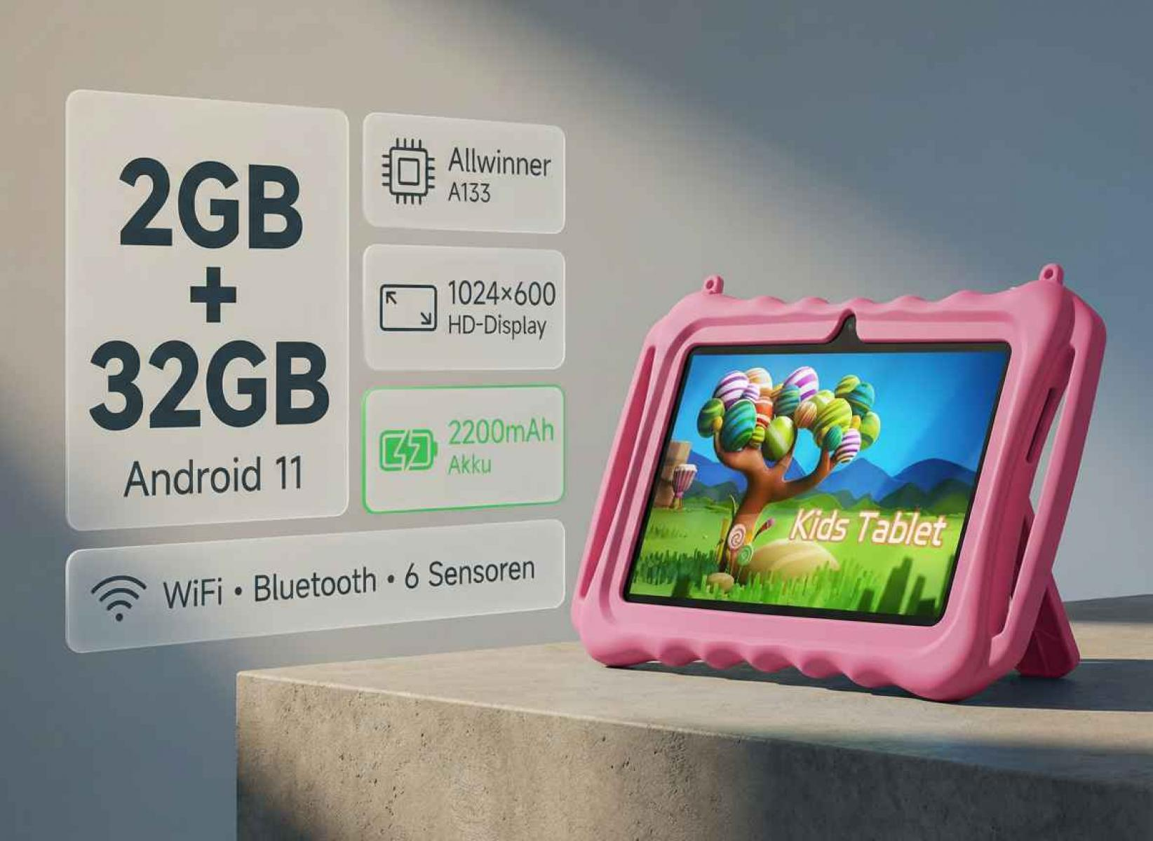 Ein rosafarbenes Kinder-Tablet mit Android 11, 2GB RAM, 32GB Speicher und HD-Display.