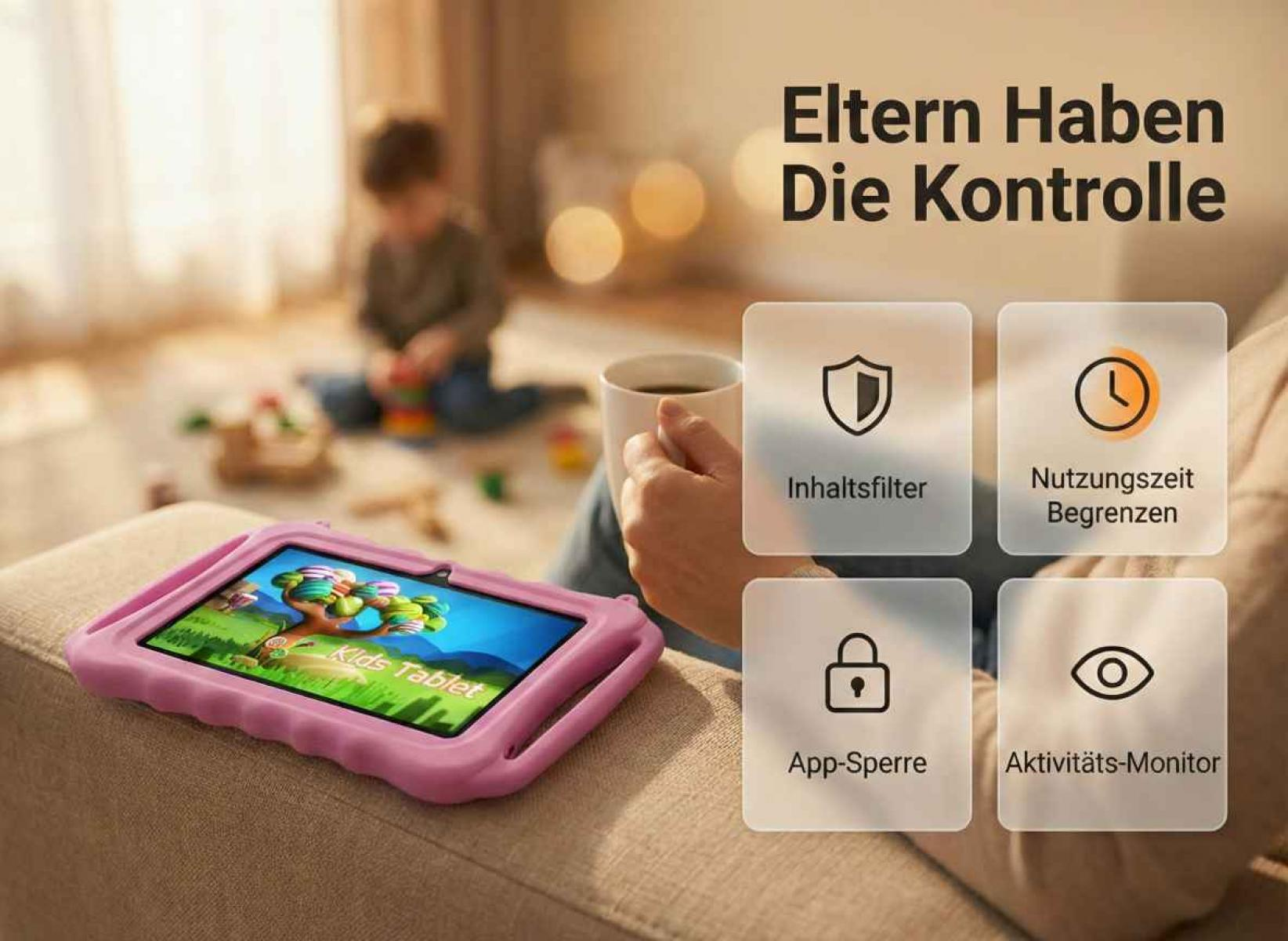 Rosa Kinder-Tablet mit Kindersicherung-Symbolen, Kind im Hintergrund.