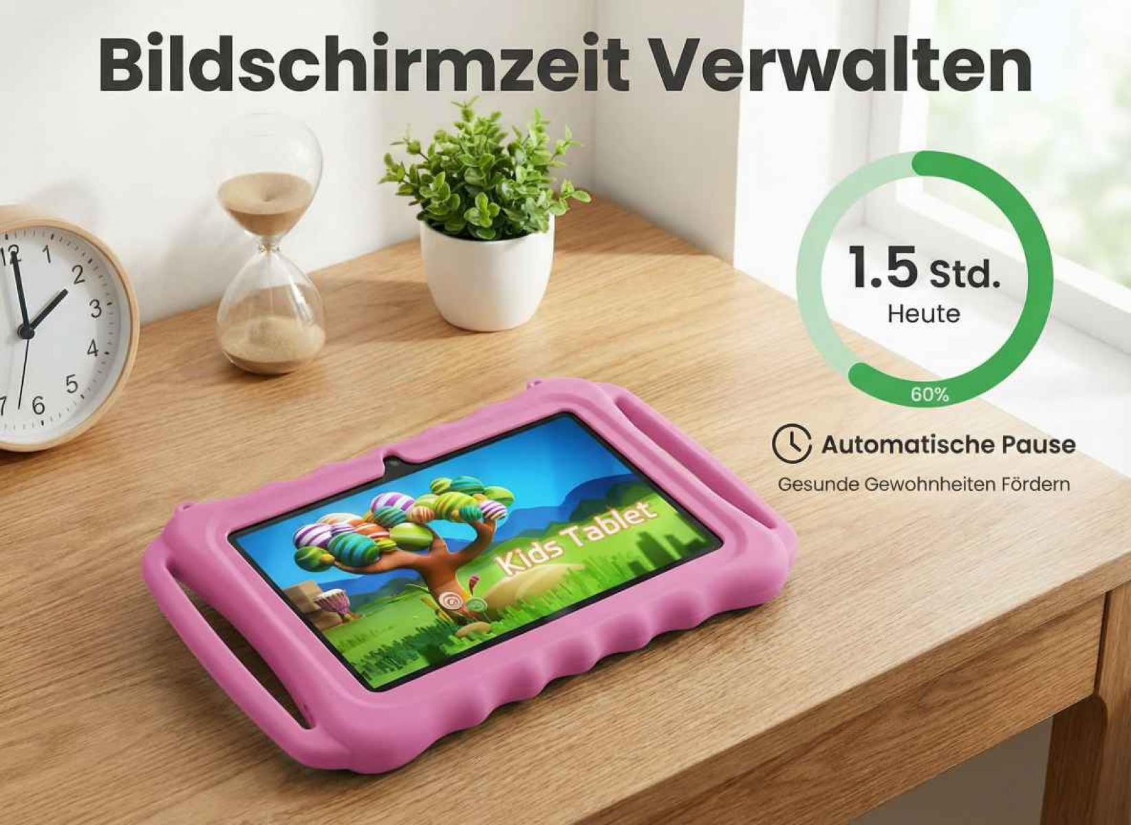 Ein rosafarbenes Tablet mit einem bunten Bildschirm liegt auf einem Holztisch.