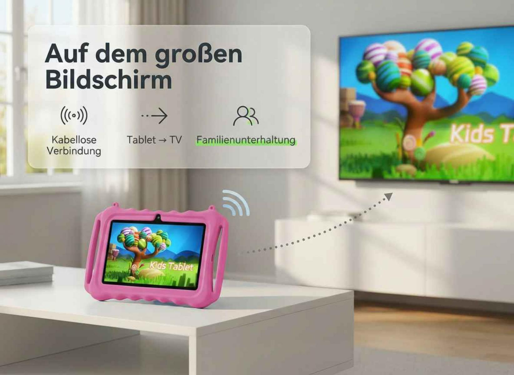 Ein rosa Tablet überträgt Inhalte kabellos auf einen großen Bildschirm.