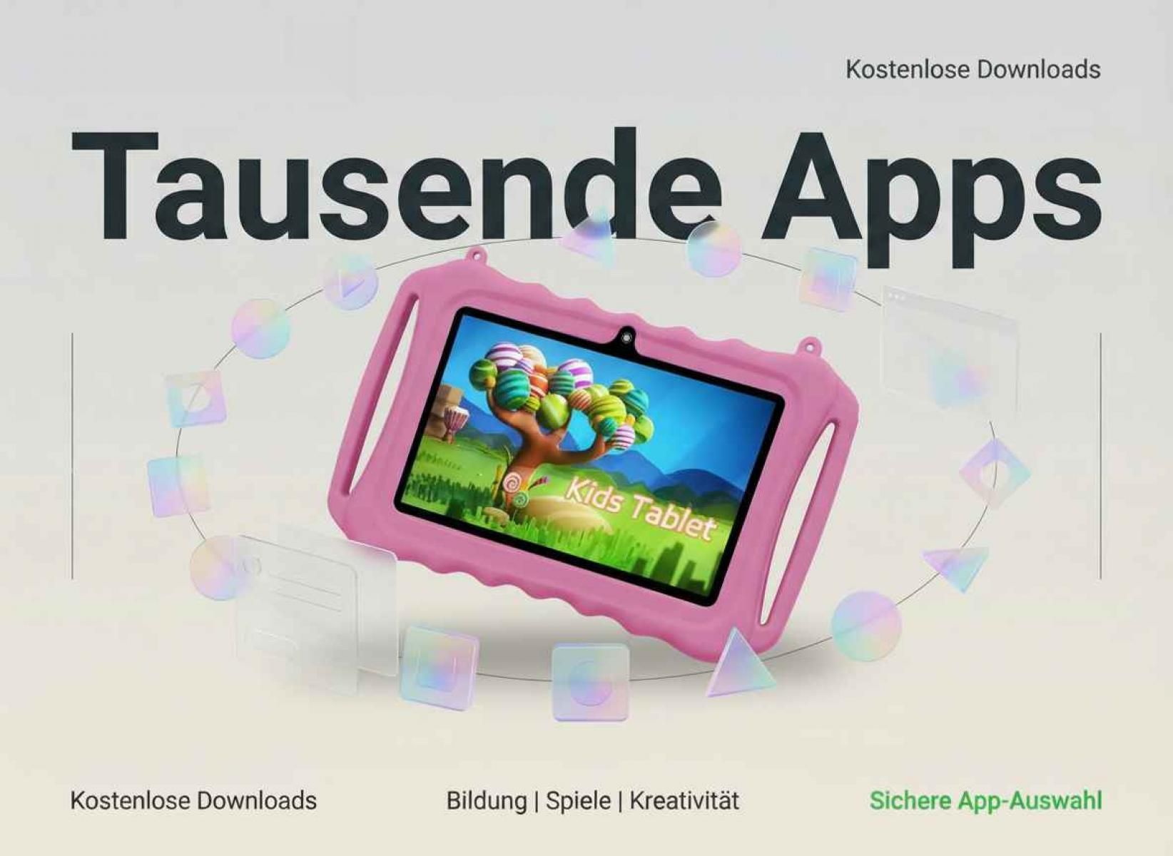 Ein rosafarbener Kinder-Tablet mit bunter App-Grafik, umgeben von Symbolen.