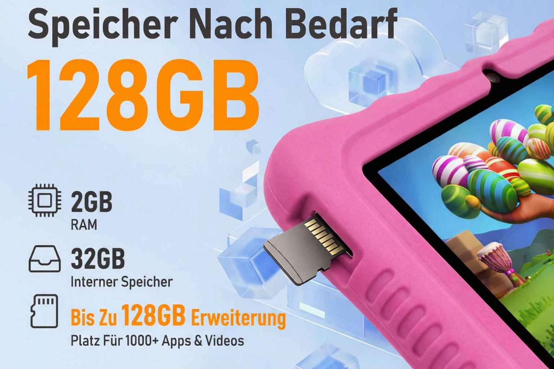 Rosa Tablet mit SD-Karte, 128GB Speicher, 2GB RAM. Bunt.