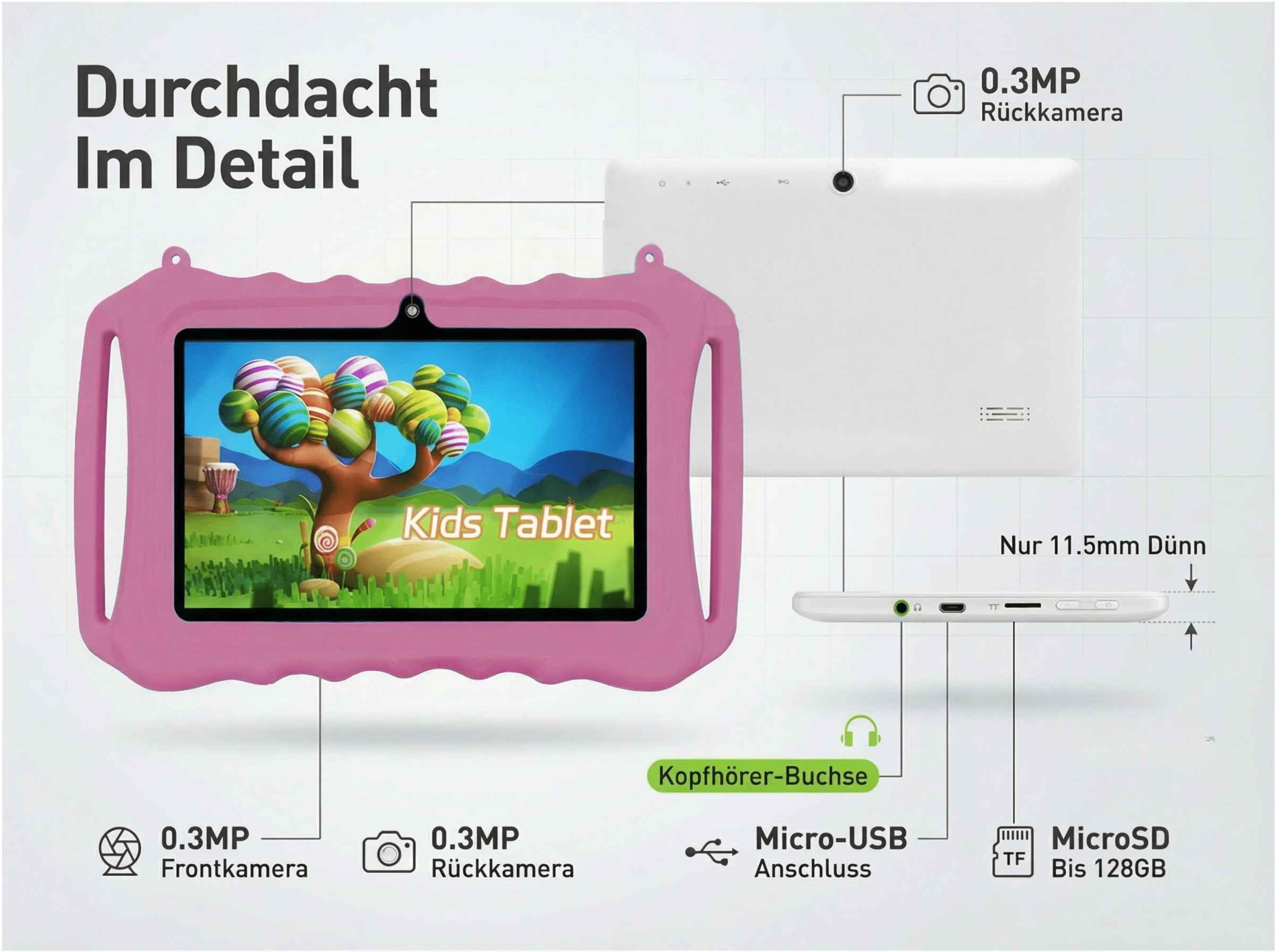 Ein rosafarbenes Kinder-Tablet mit Details wie Kameras, Anschlüssen und SD-Kartenslot.