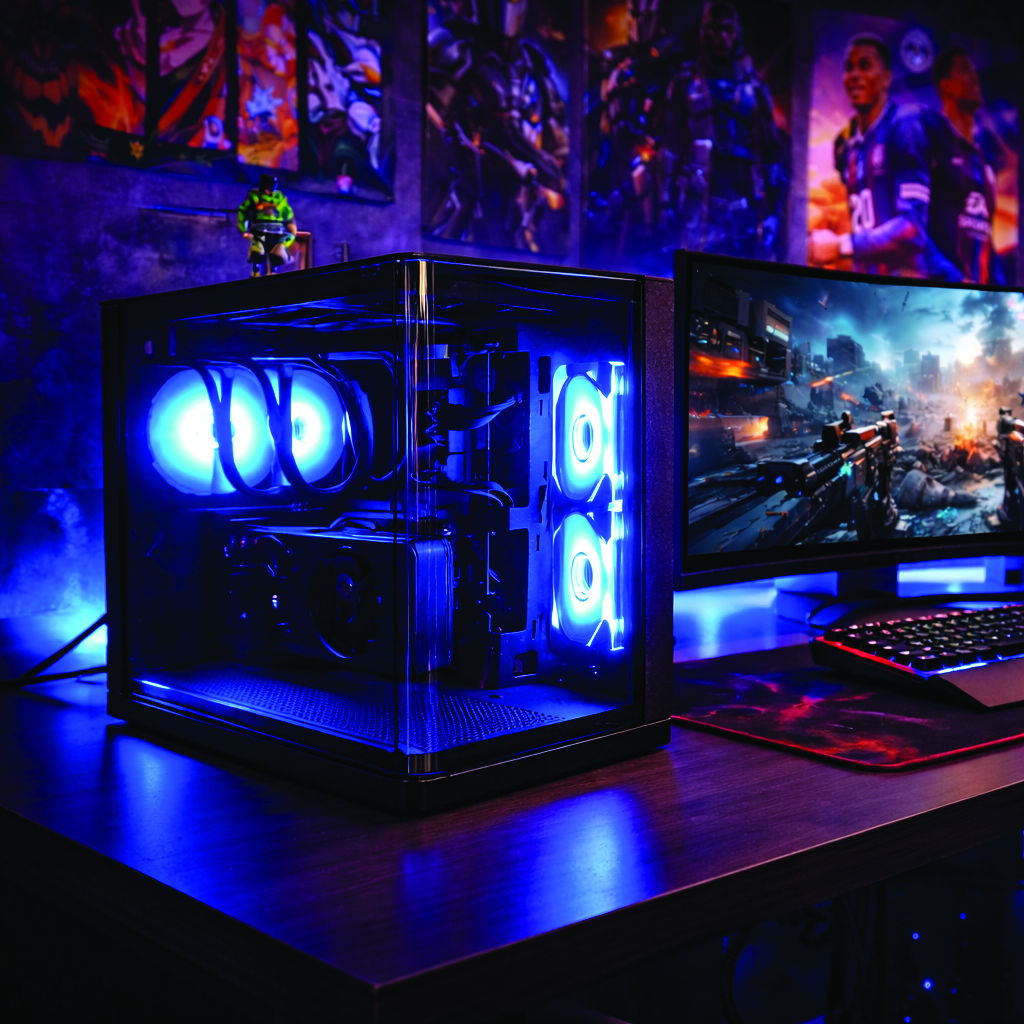 Komputer PC z niebieskimi światłami, monitor pokazuje grę, na biurku.