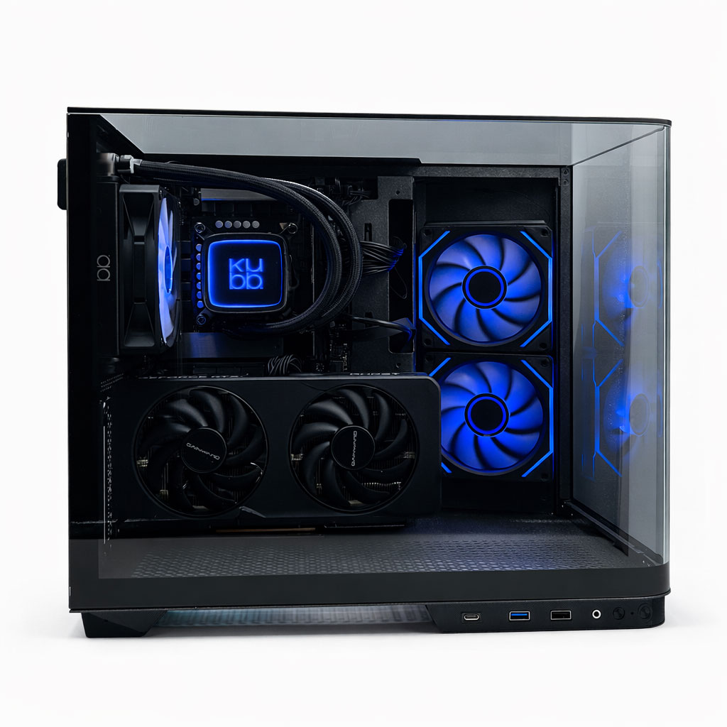Otwarta obudowa komputera z niebieskimi wentylatorami i GPU.