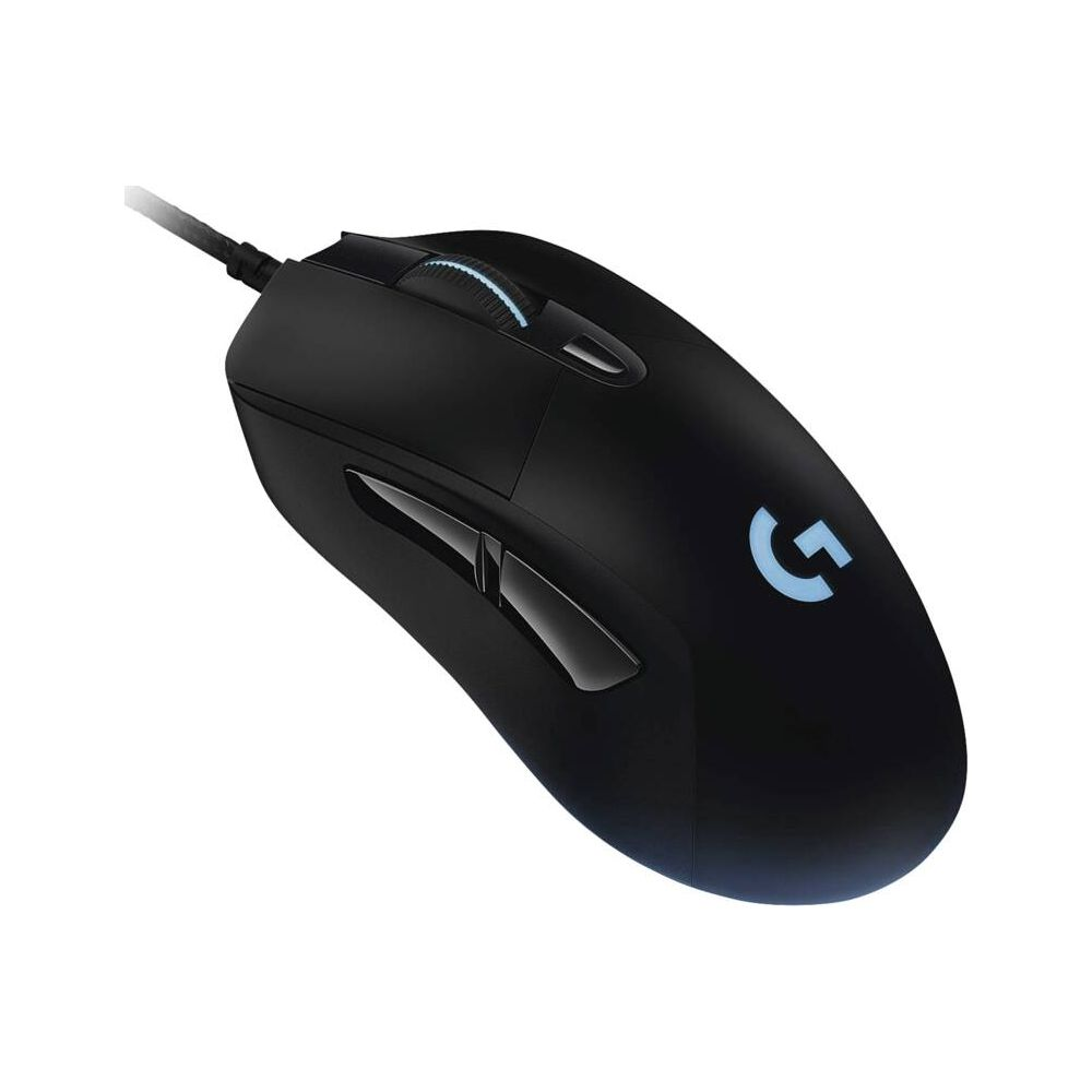 Czarna mysz gamingowa Logitech z niebieskim logo i podświetlaną rolką.