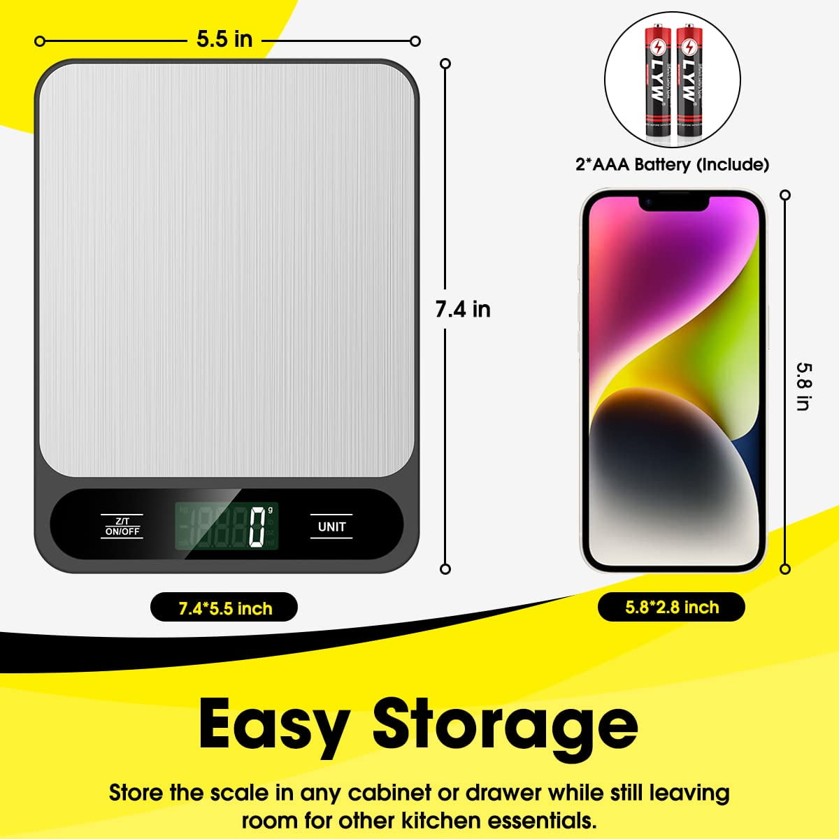 Eine digitale Küchenwaage mit Display, AAA-Batterien und Smartphone daneben.