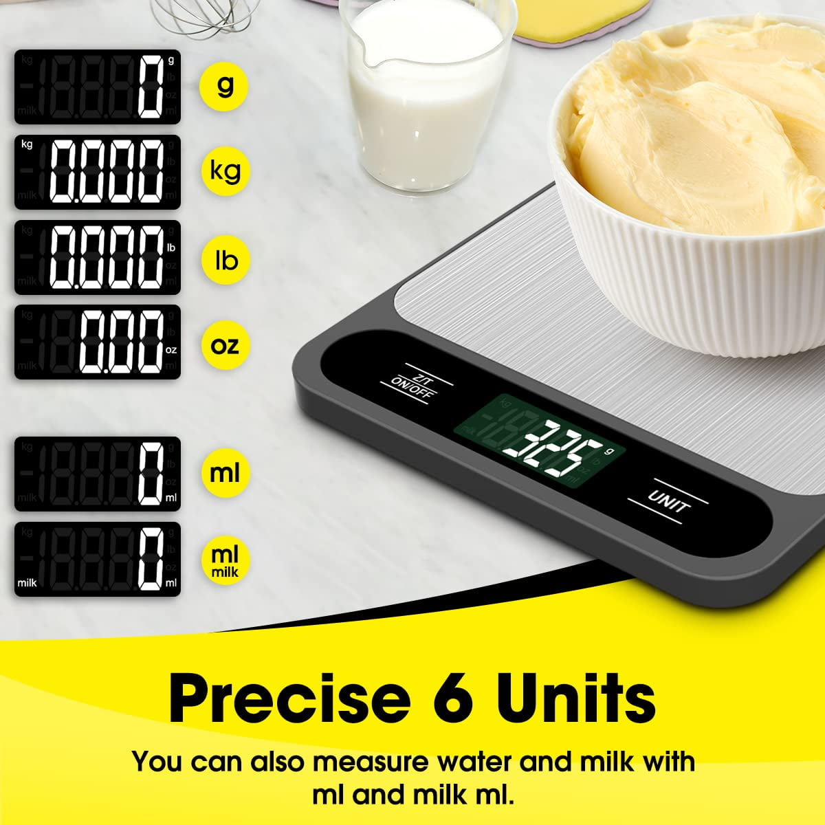 Eine digitale Küchenwaage mit einer Schüssel Butter und einem Messbecher Milch.