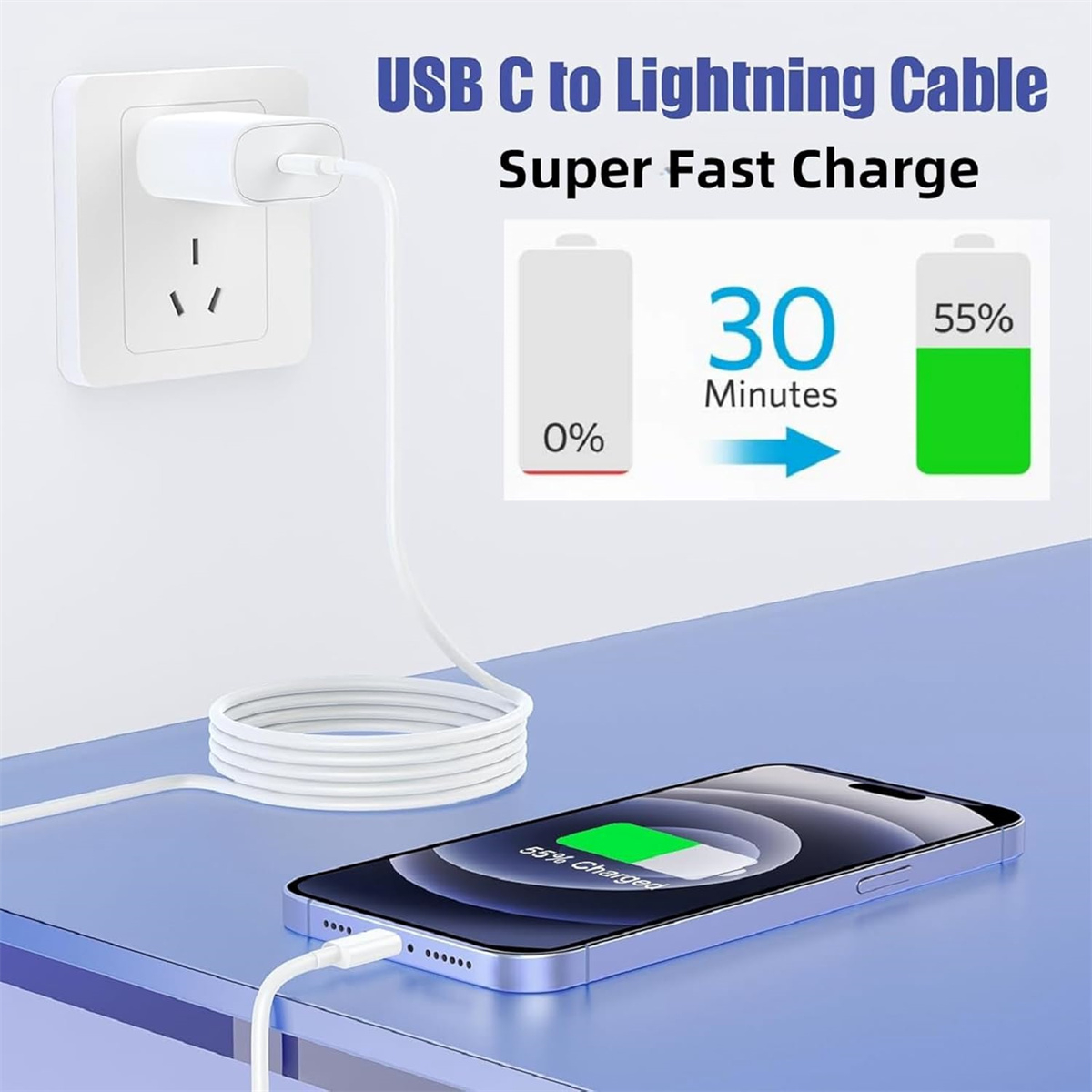 Ein weißes USB-C-zu-Lightning-Kabel verbindet ein Ladegerät mit einem iPhone, das zu 55 % geladen ist.