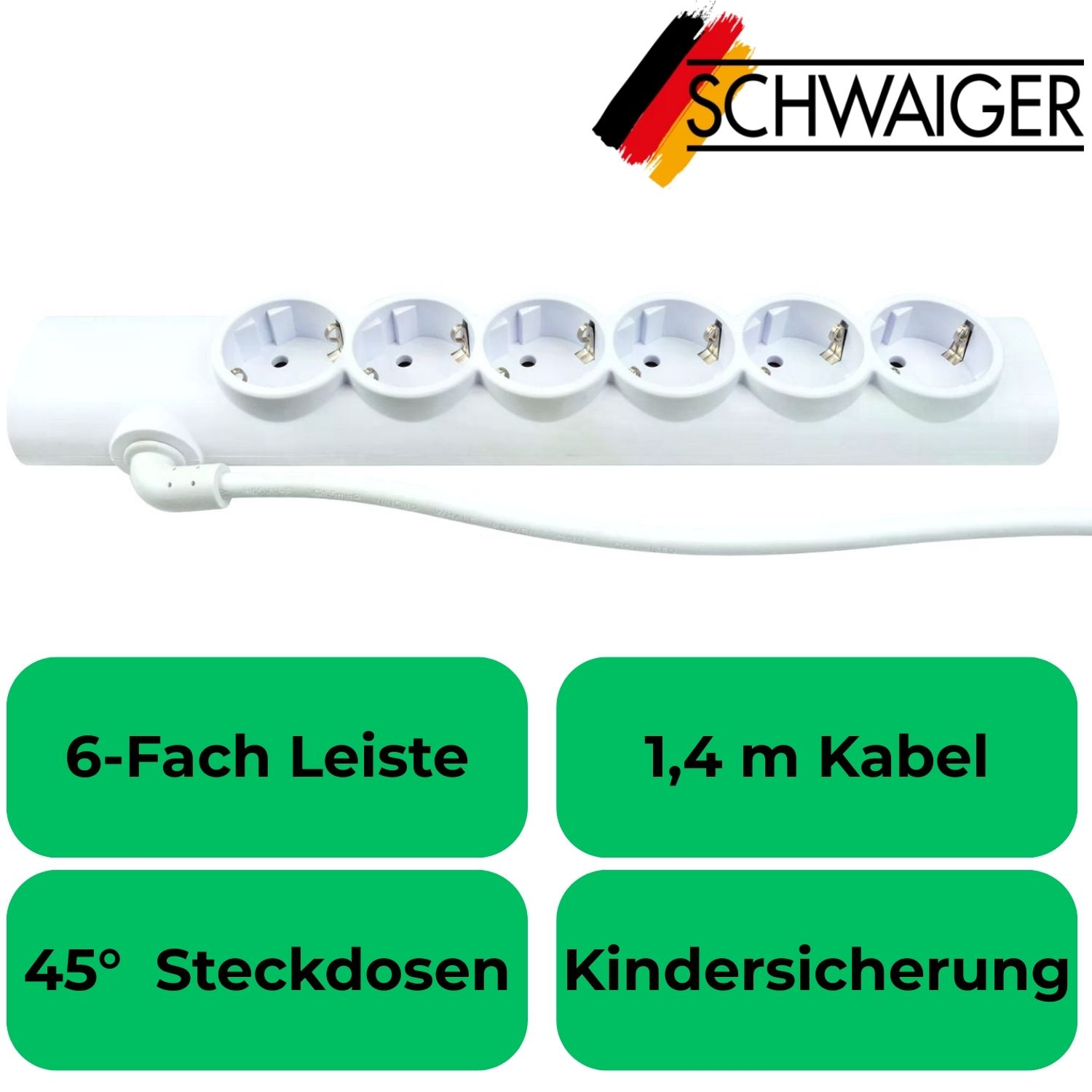 Weiße Mehrfachsteckdose mit sechs Steckplätzen, 1,4m Kabel und Kindersicherung.