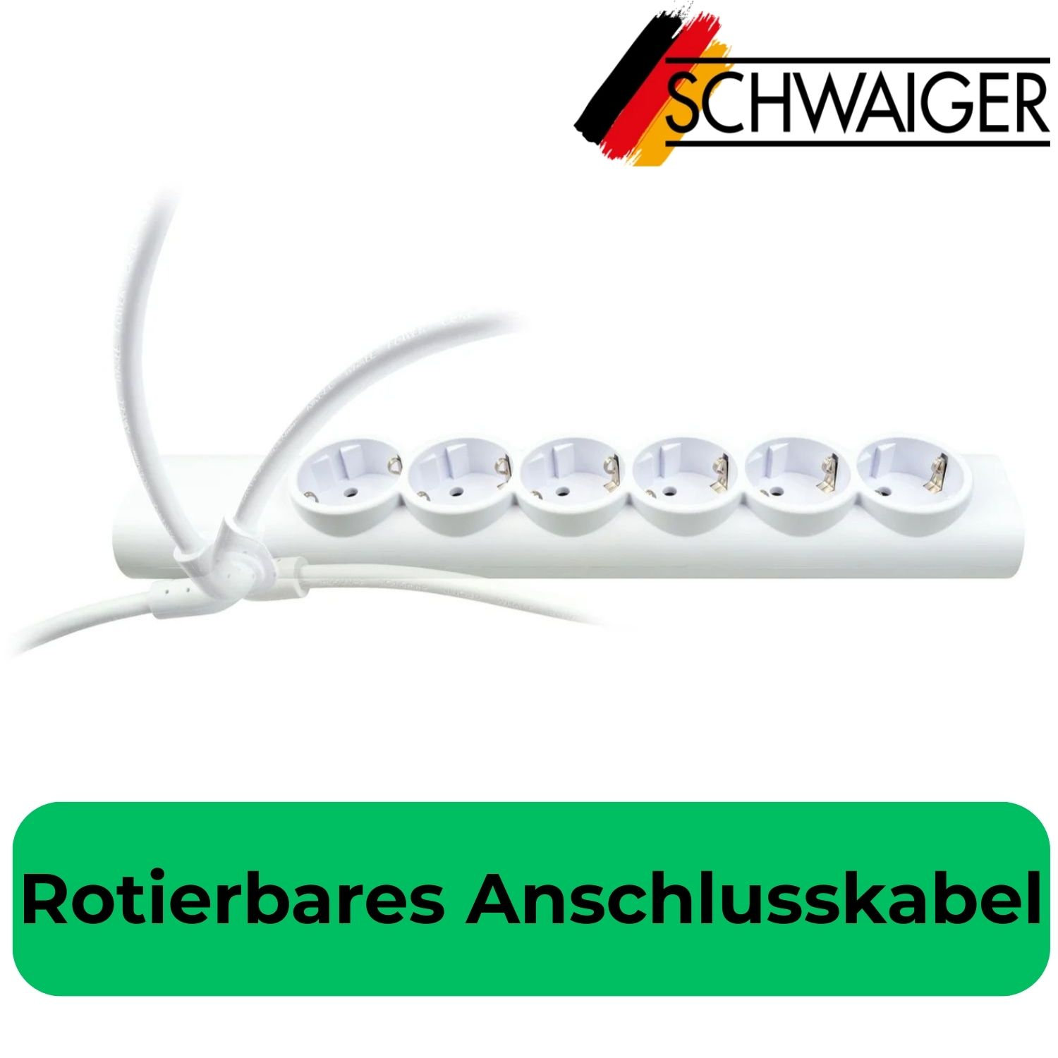 Weiße Steckdosenleiste mit sechs Anschlüssen und dem SCHWAIGER-Logo.