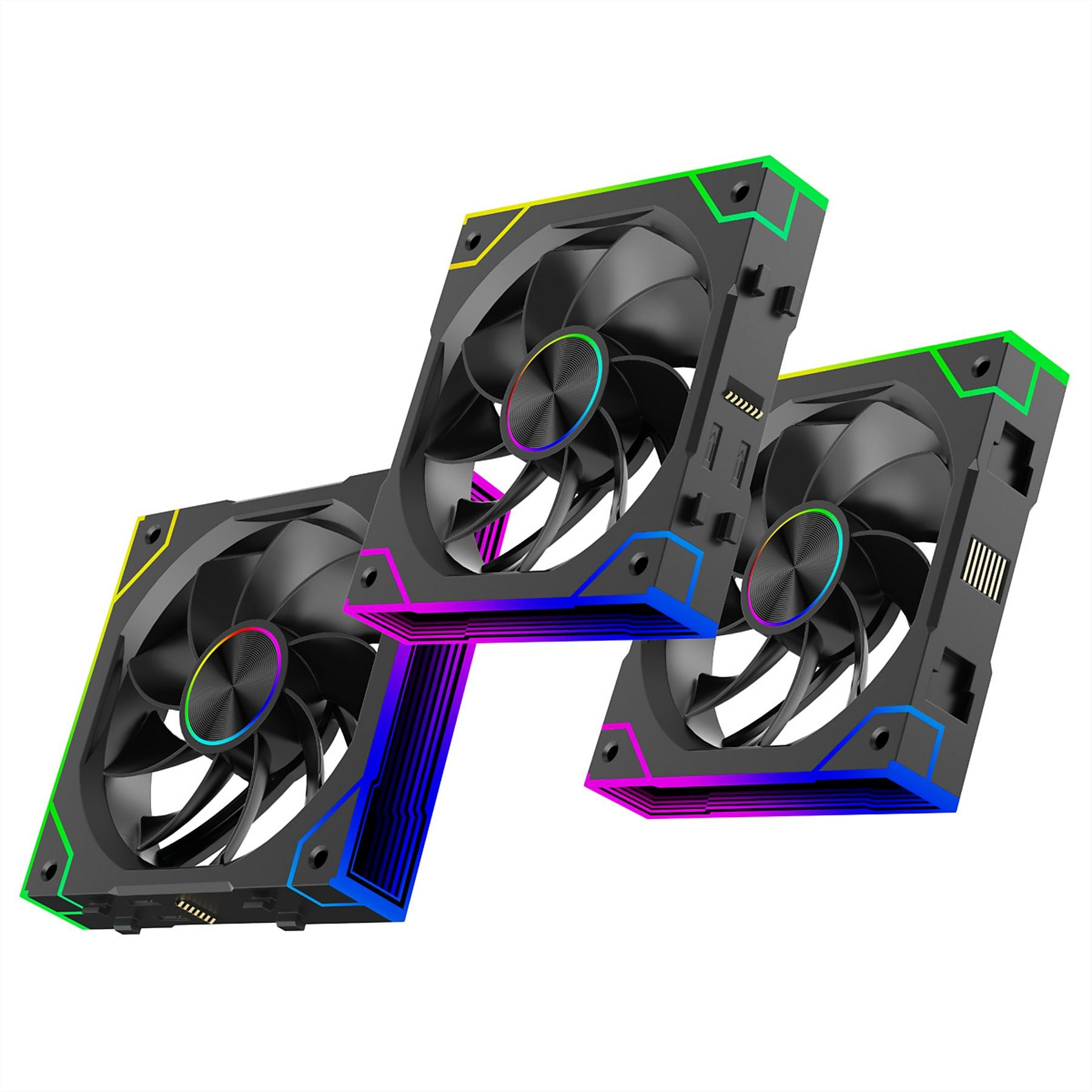 Drei schwarze Lüfter mit RGB-Beleuchtung auf weißem Hintergrund.