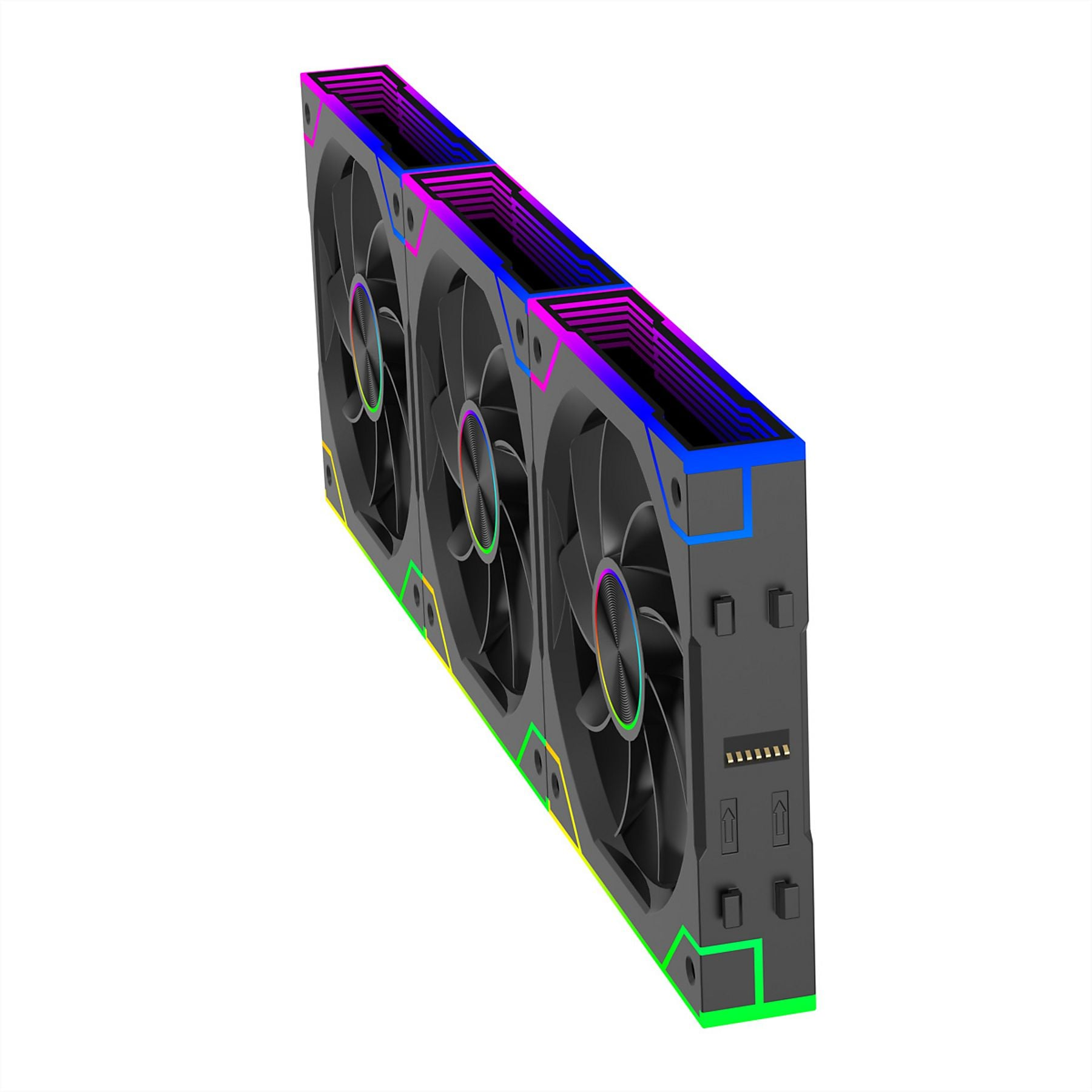 Drei schwarze Lüfter mit RGB-Beleuchtung, auf weißem Hintergrund.