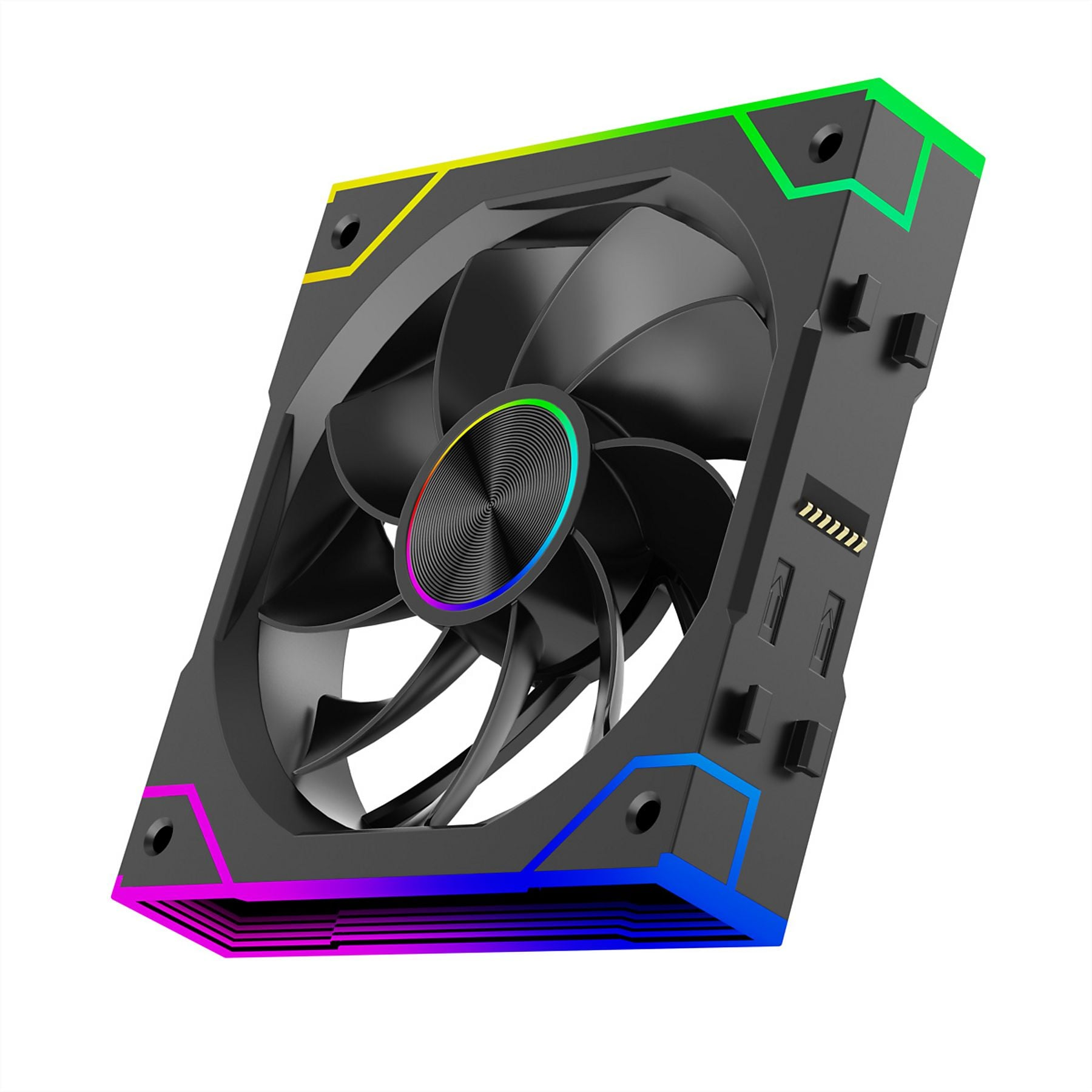 Schwarzer Lüfter mit farbigen RGB-Akzenten auf Rahmen und Nabe.