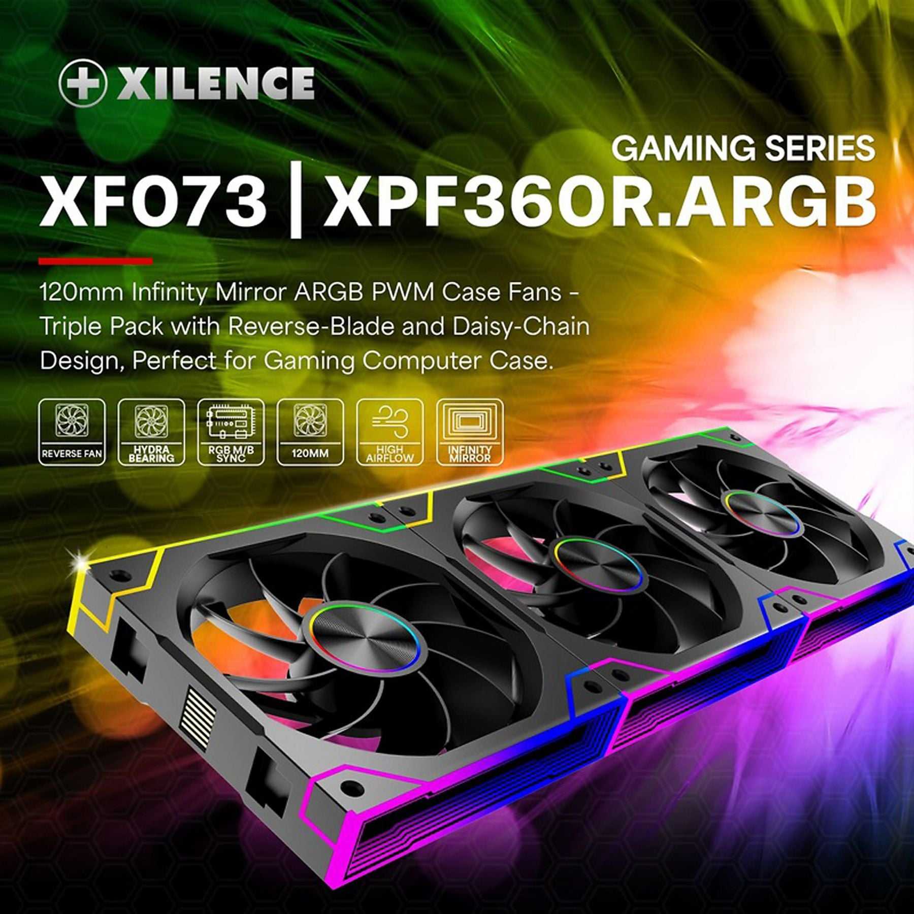 Drei XILENCE ARGB-Gehäuselüfter mit Infinity-Spiegel und RGB-Beleuchtung.