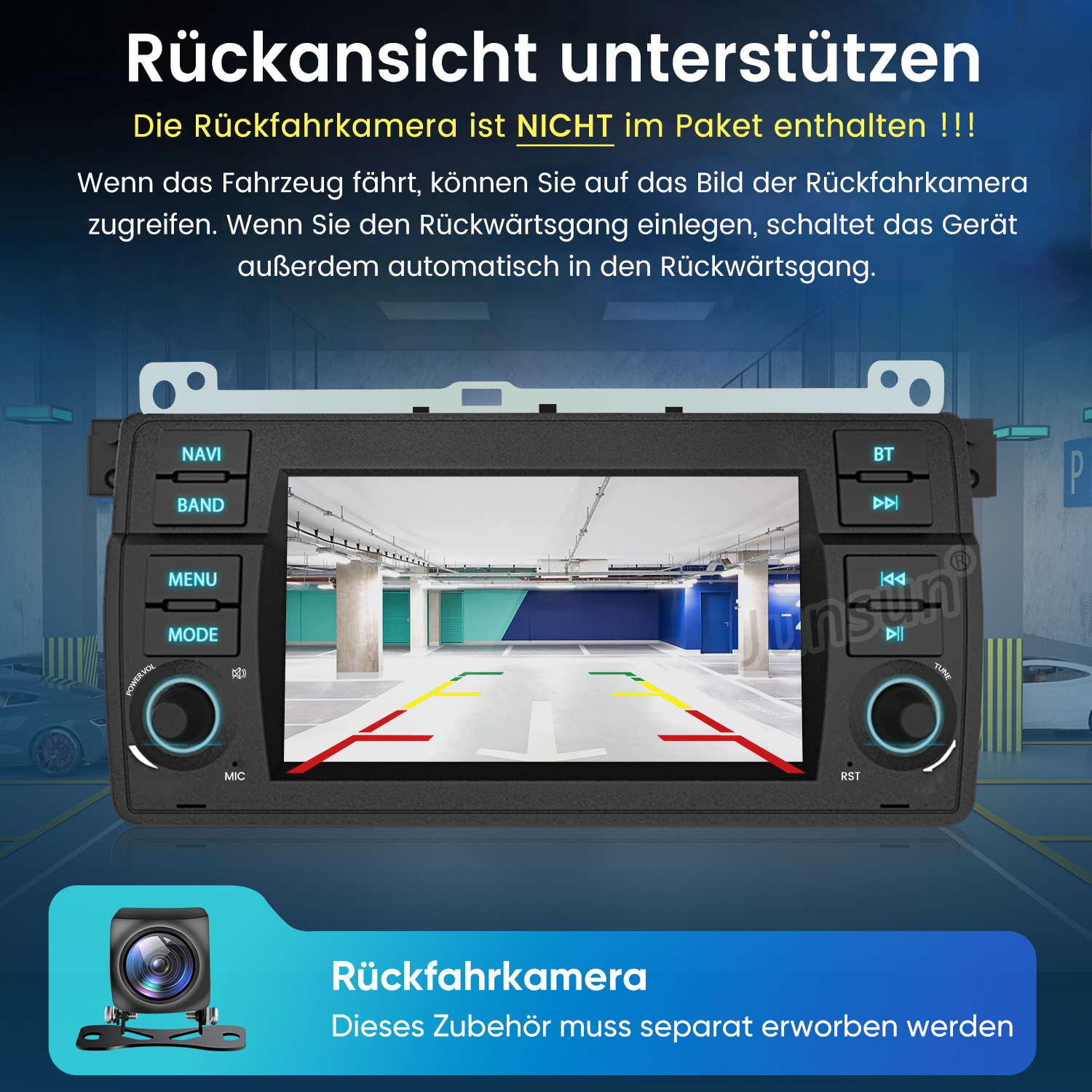 Ein Autoradio zeigt eine Rückfahrkamera-Ansicht einer Garage an.