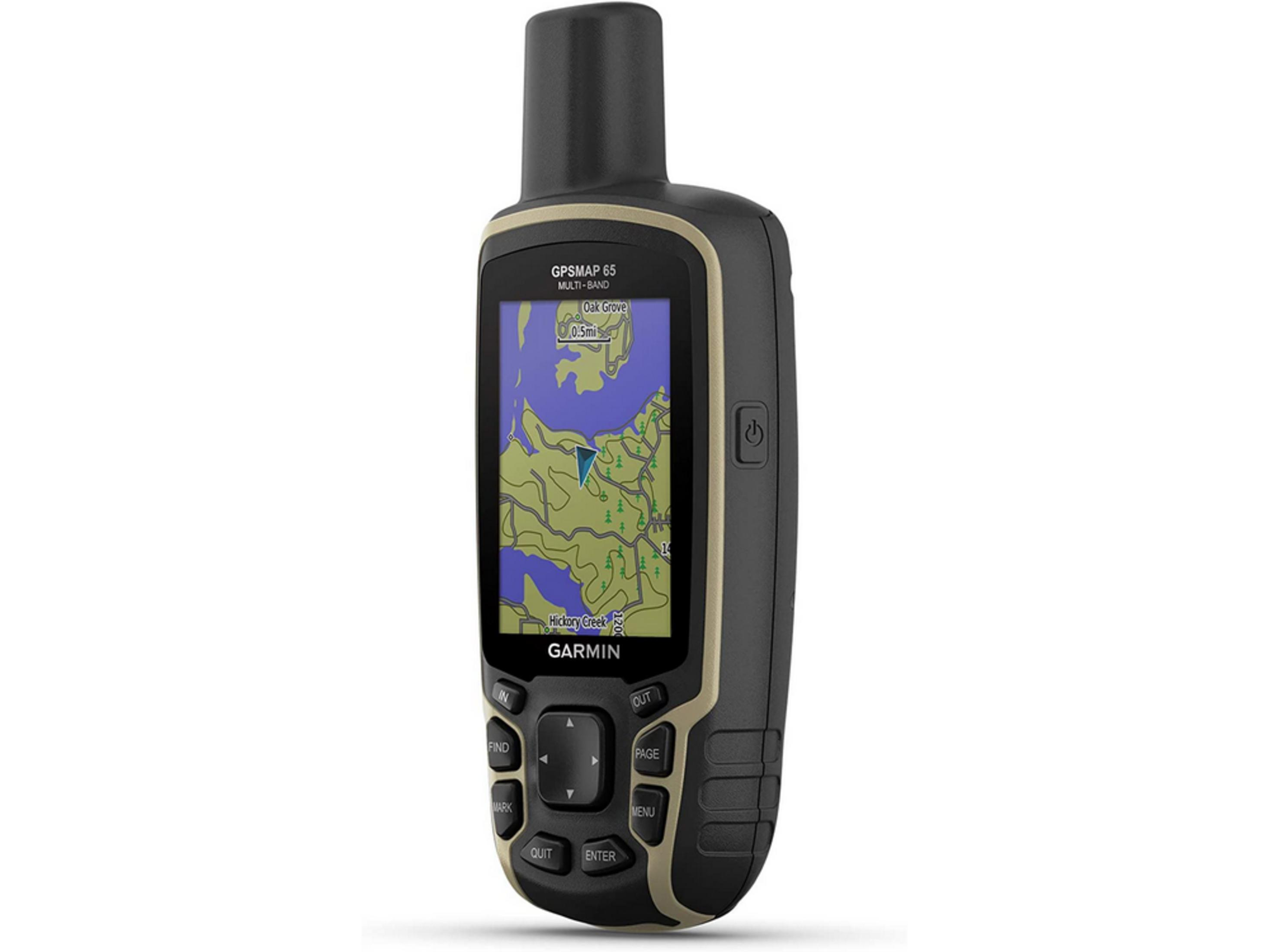 Un dispositivo GPS portatile Garmin GPSMAP 65 che mostra una mappa e pulsanti.
