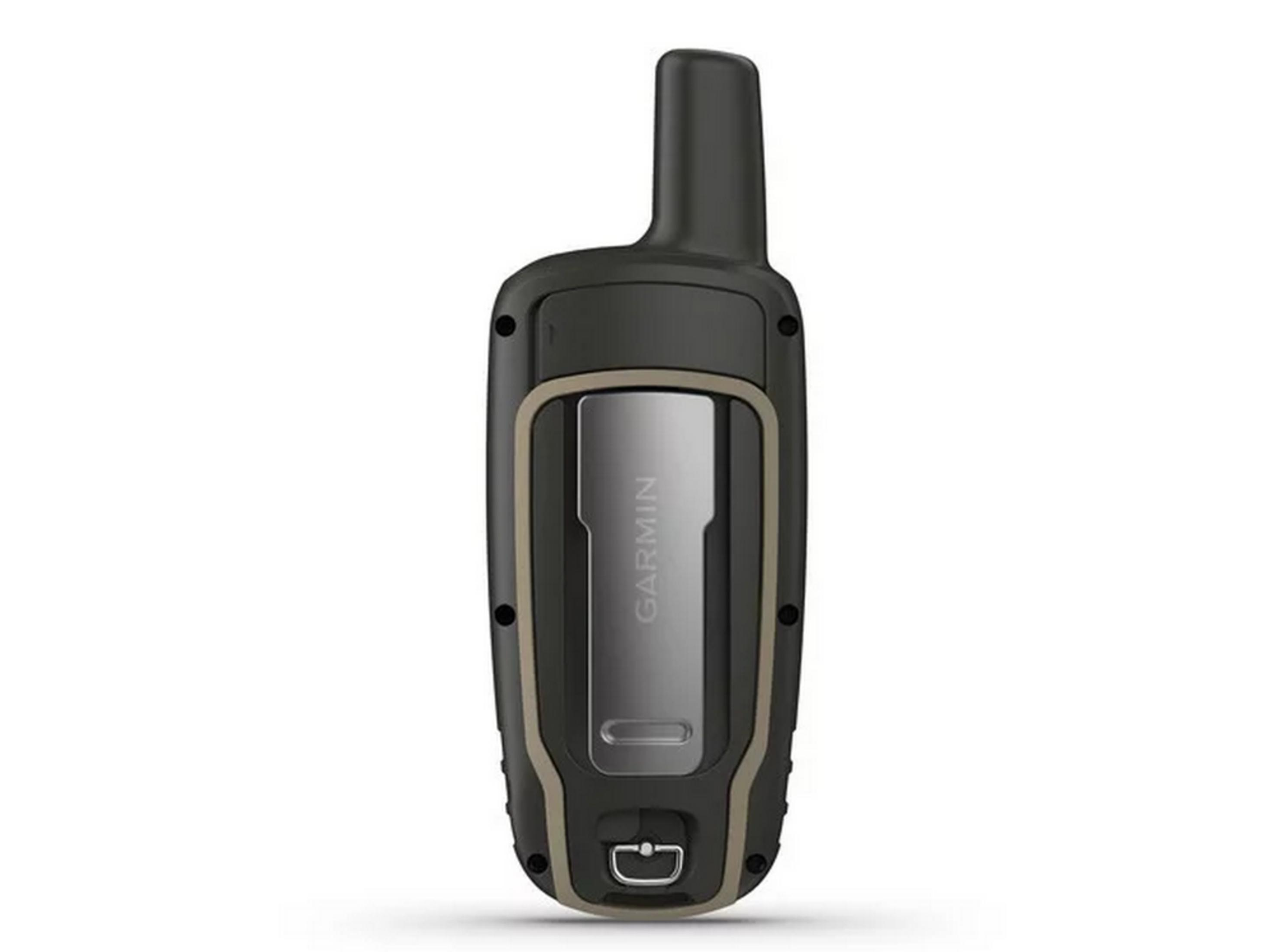 Un dispositivo portatile Garmin scuro con striscia argentata e anello a D.