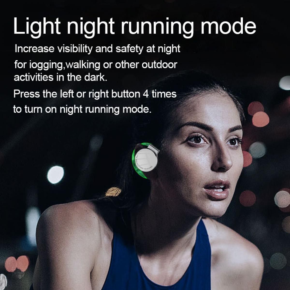 Frau mit leuchtendem grünen Ohrhörer für Nachtlauf. Text: Light night running mode.